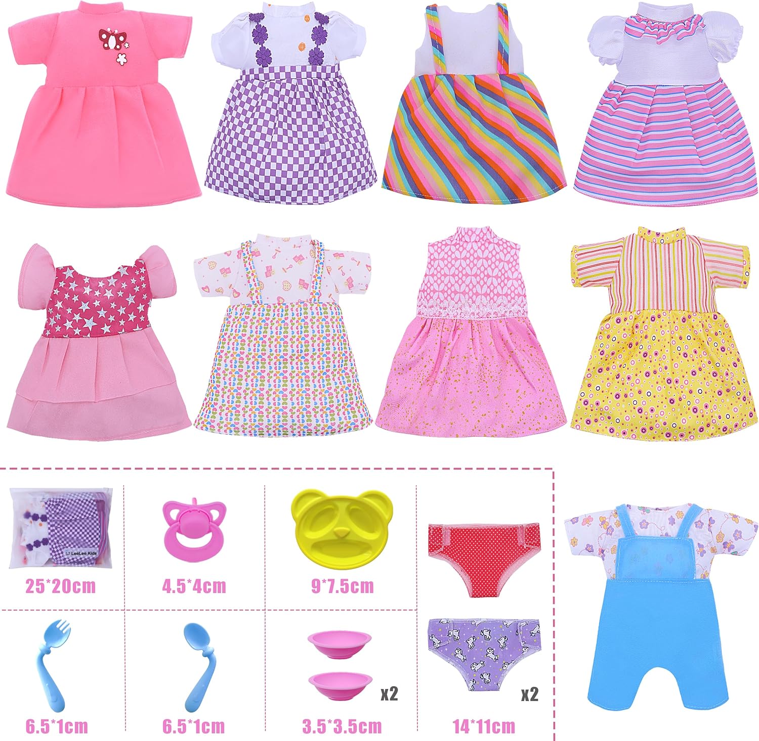 13-15 Inch Baby Doll Clothes 18-Pack - Care Set for Girl Doll Clothes | 9 Washable Outfits with Diapers, Feeding Bottle & Tableware | Pretend Play Learning Kit