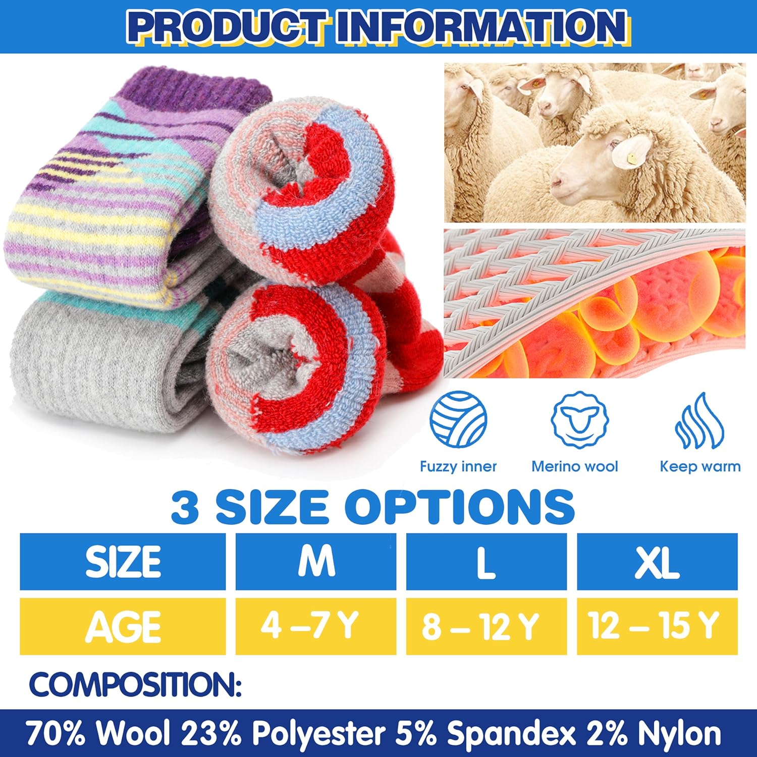 ANTSANG Kids Merino Wool Ski Socks 3 Pairs Boys Girls Thermal Warm Thick Winter Cushioning Socks for Snowboarding Skiing