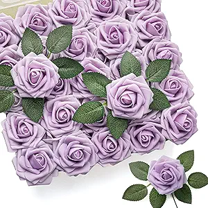 Mocoosy 50Pcs Rose Artificial Flowers, Lilac Fake Roses for Decorations, Light Purple Foam Rose Bulk with Stem DIY Wedding Bouquets Floral Arrangements Bridal Shower Centerpiece Party Home Table Decor