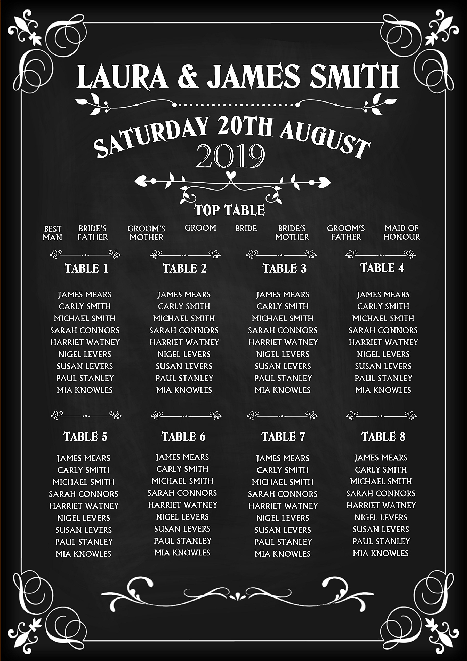 Invite Designs Black Personalised Wedding Table Seating Plan Names Numbers Poster Print Vintage Chalkboard N156 - Print Only, Unframed Large A1 A2 A3 Size (A2 Print (42Cm X 59.4Cm) Unframed)