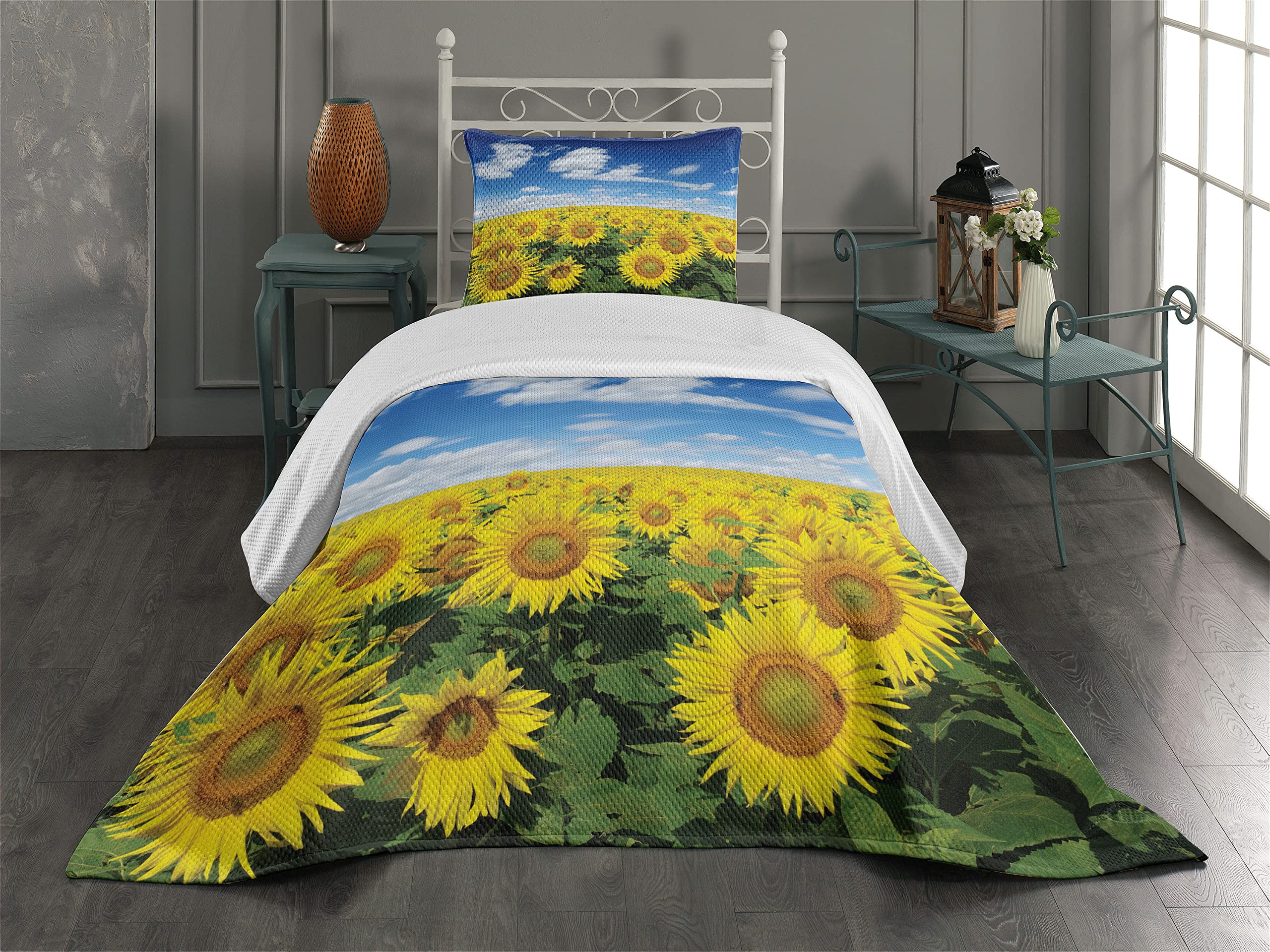 Ambesonne Sunflower Coverlet, Fresh Sunflowers Field Under Clear Sky Clouds Countryside Farm Picture, 2 Piece Decorative Quilted Bedspread Set with 1 Pillow Sham, Twin Size, Blue Green Yellow