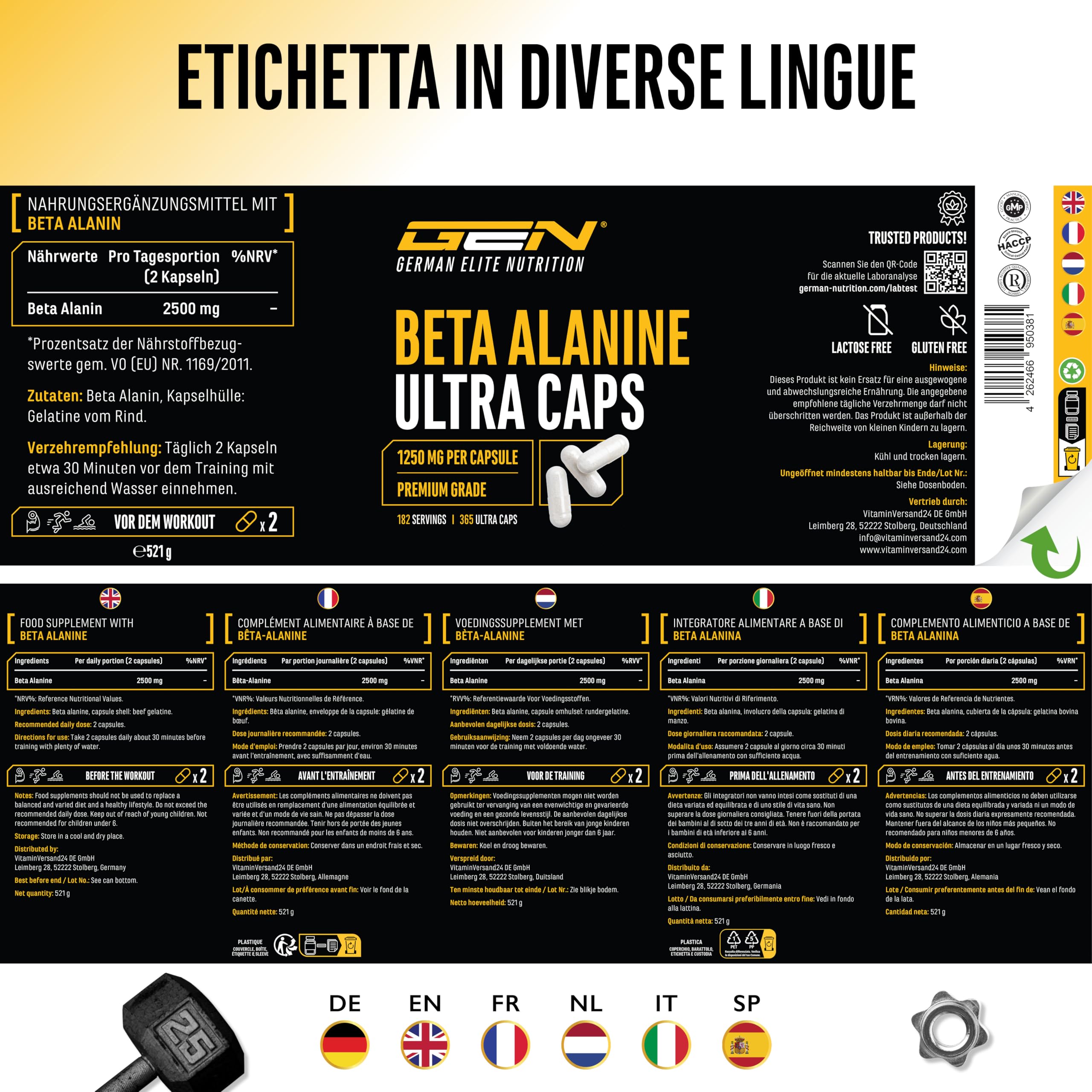 Beta Alanina Ultra Caps - 365 capsule - Dosaggio elevato con 1250 mg per capsula - Beta Alanina aminoacido con purezza del 99% - Senza additivi indesiderati