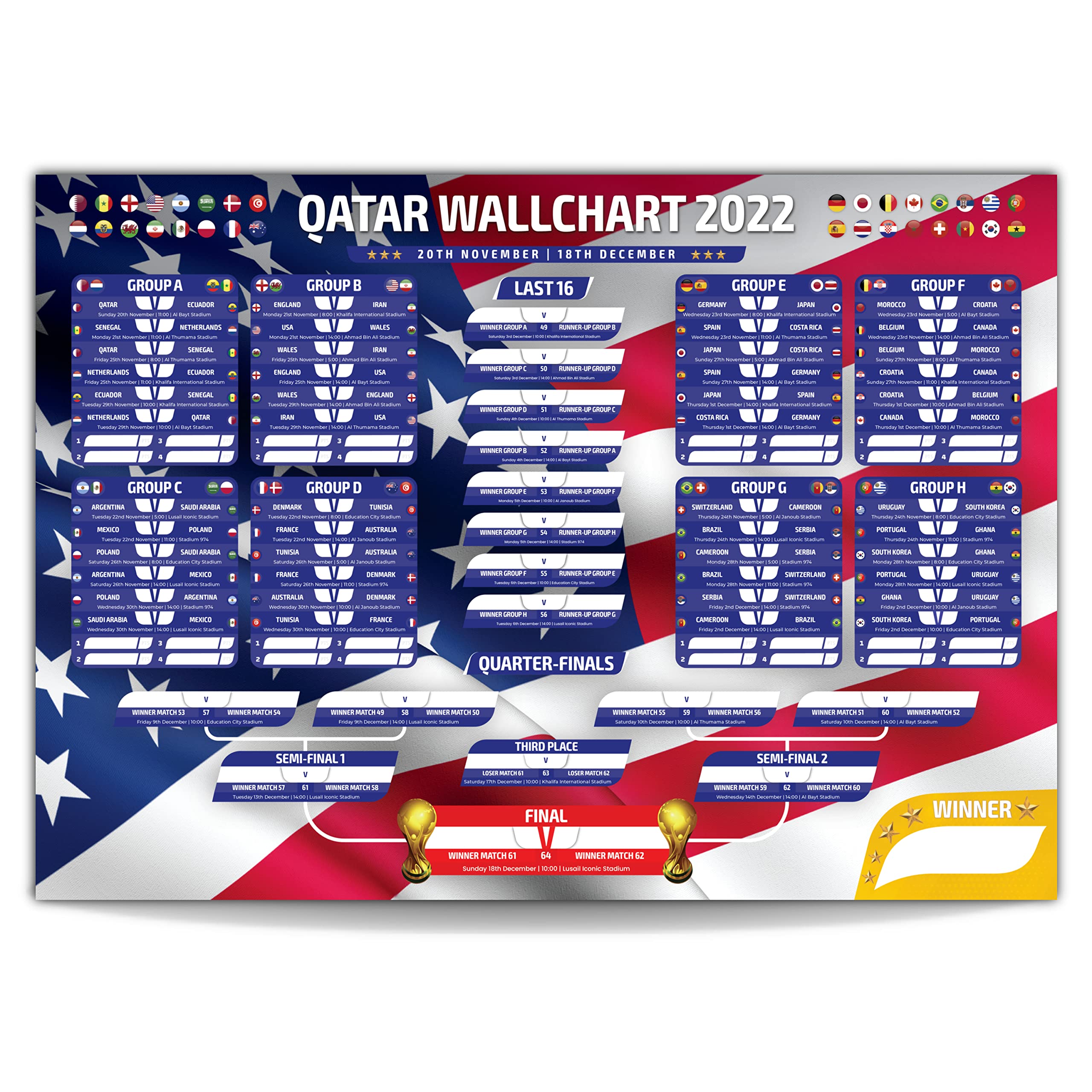 USA Soccer Tournament Wallchart 2022 - US Flag Edition Qatar 2022 - Track All The Scores and Follow the Full Schedule In Eastern Time - Premium Poster Paper (A2 Wallchart), Multi