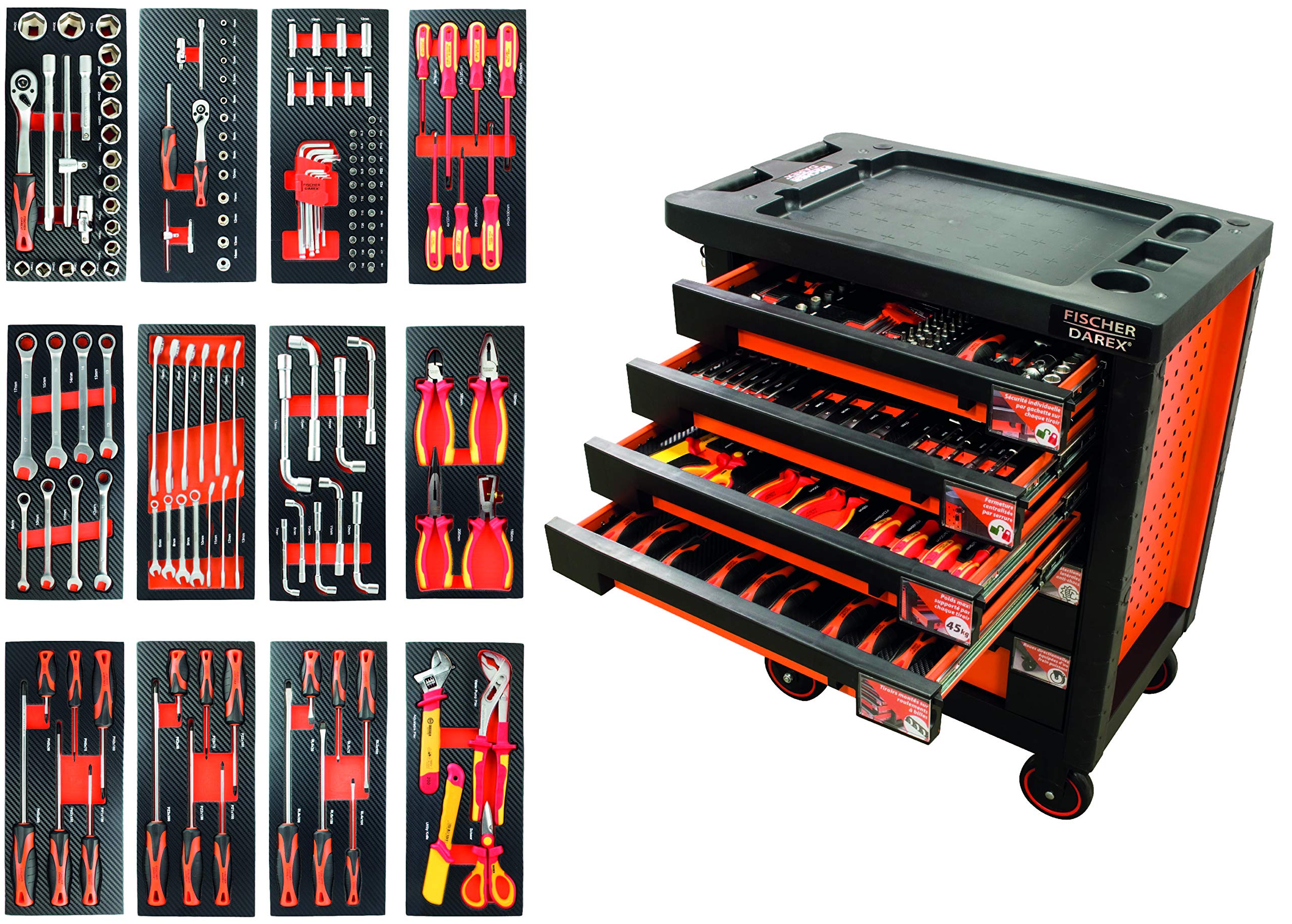 Fischer Darex - Servante d'atelier verrouillable, 6 tiroirs équipés clés + douilles + tournevis 145 outils