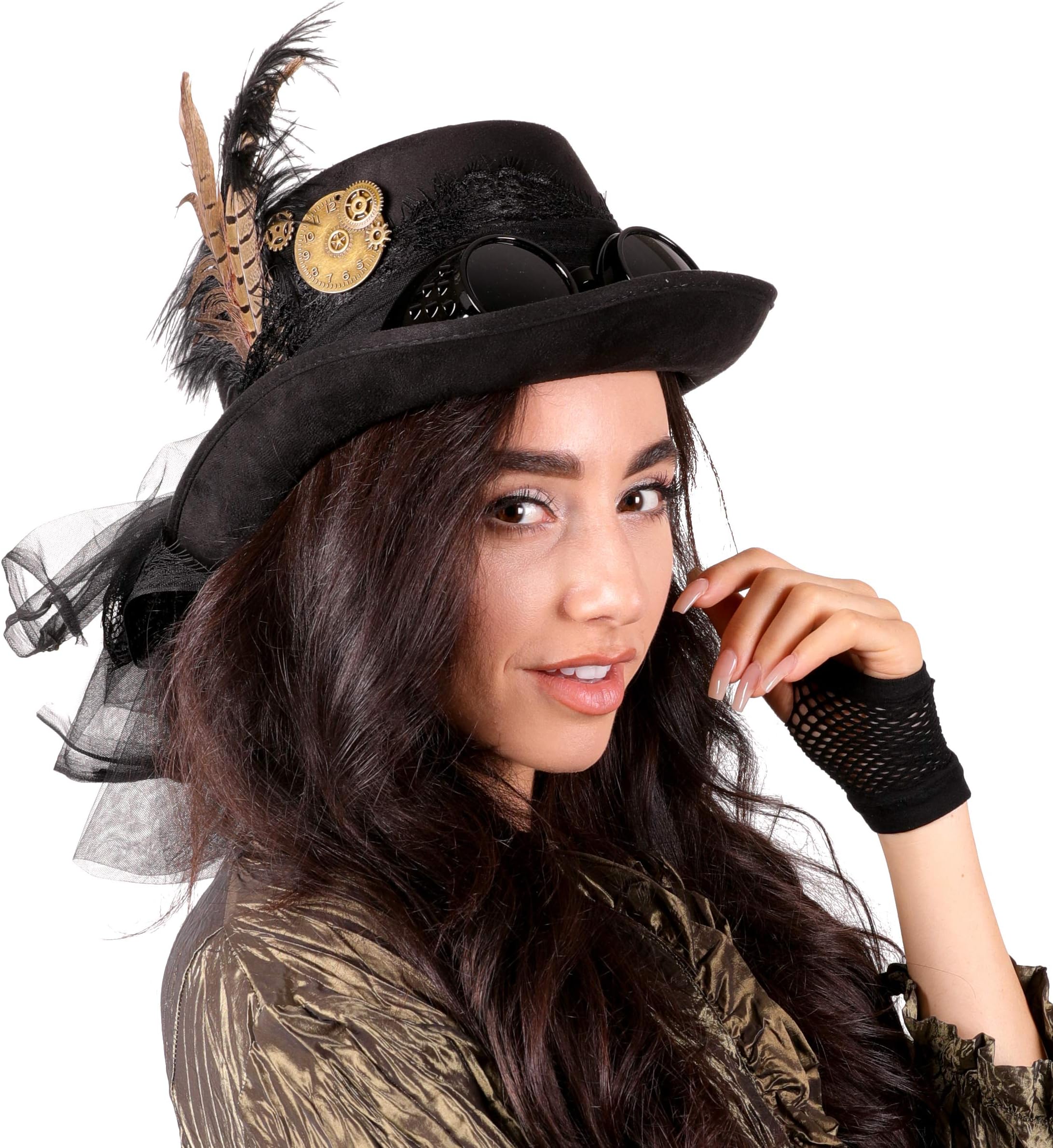 Narwhal NoveltiesDeluxe Halloween Costume Hat; Black, Velvet 4.5" Steampunk Hat with Removable Steampunk Goggles Attached Feather, Gears Victorian-Era Fashion Accessory