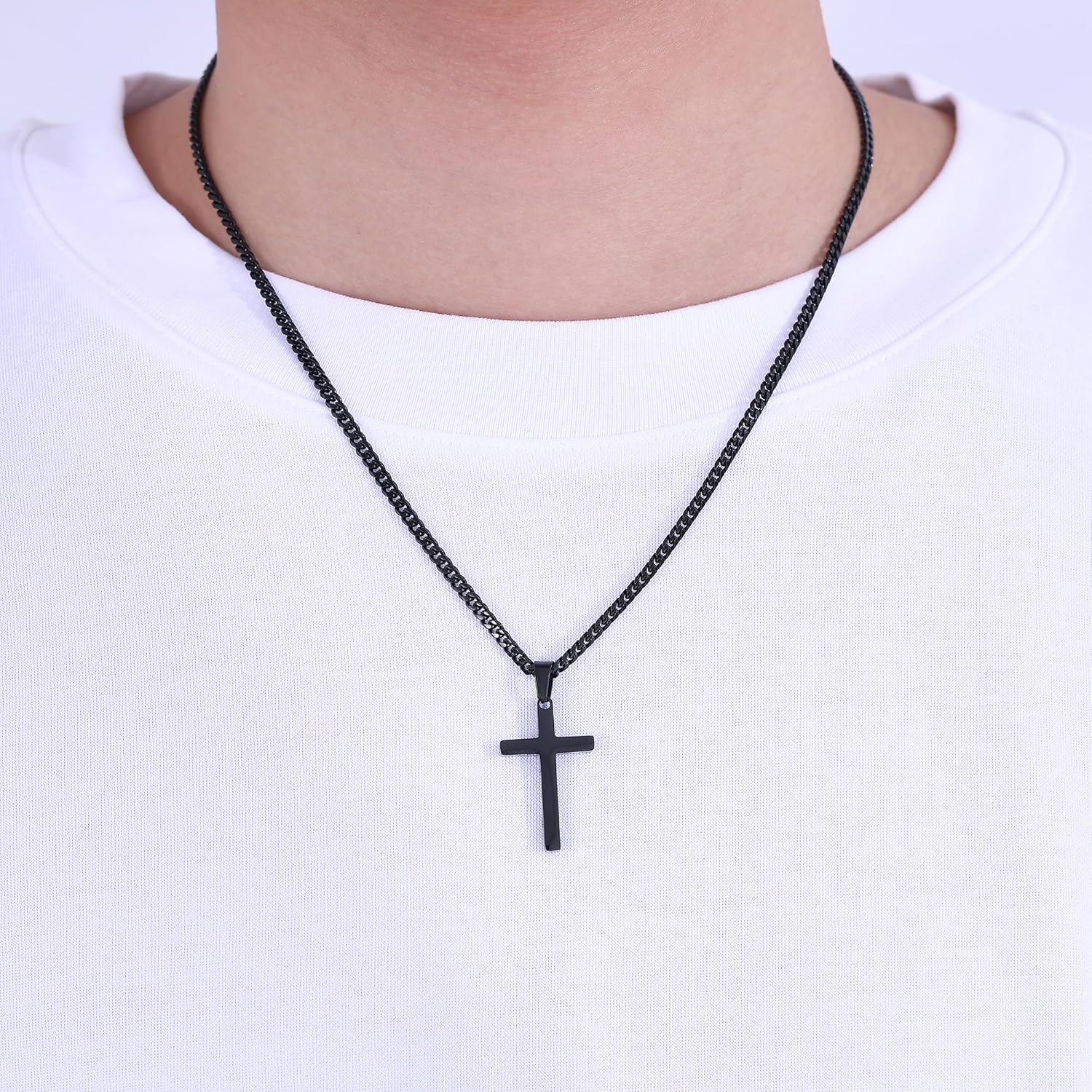 Fiusem Cross Necklace for Men, Silver Tone/Black/14K Gold Plated Mens Cross Necklaces with 3.5mm Chain and Stainless Pendant, Cuban Chain 16-24 Inches - Image 4