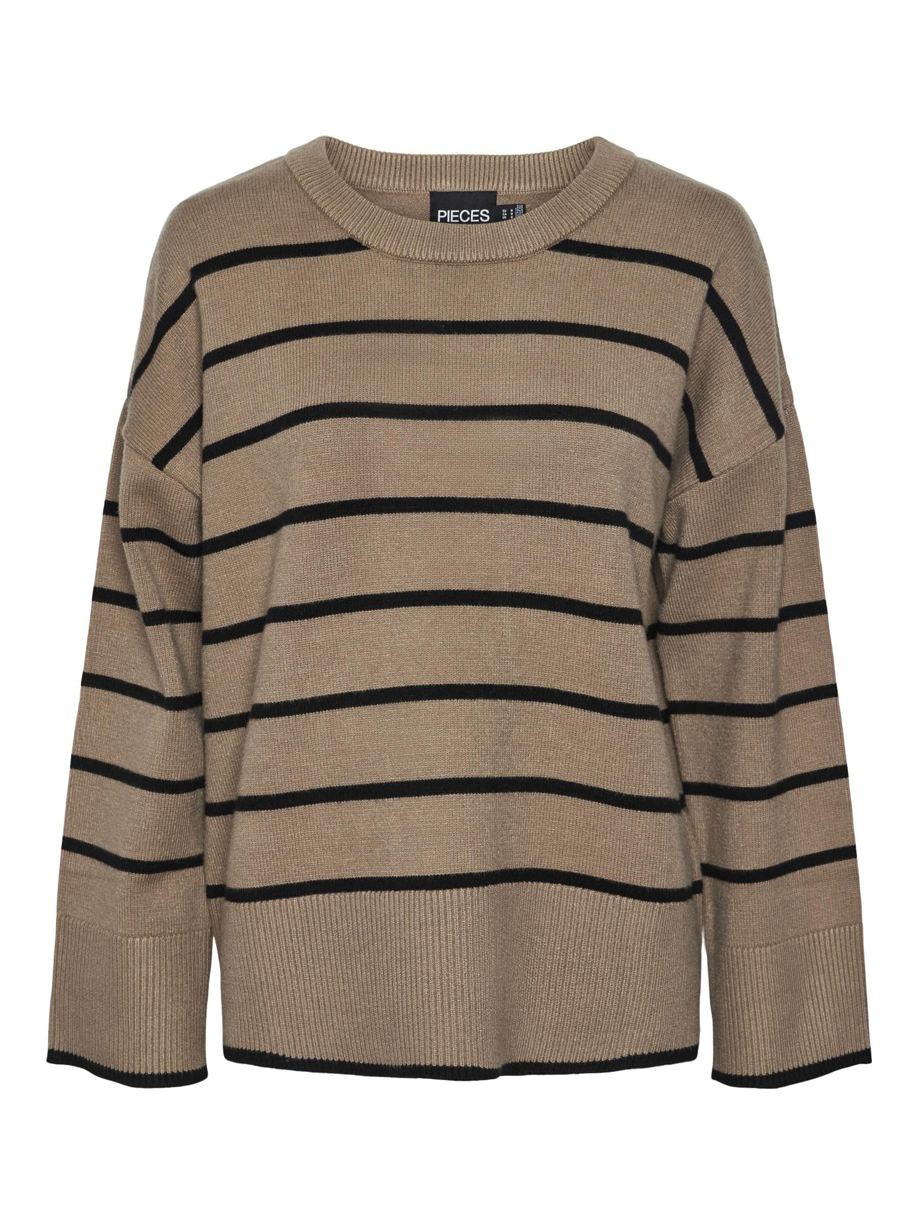 PIECES Women's Pcmathilde Ls O-Neck Knit Noos Bc Jumper, Taupe Grey/Stripes: Black, S