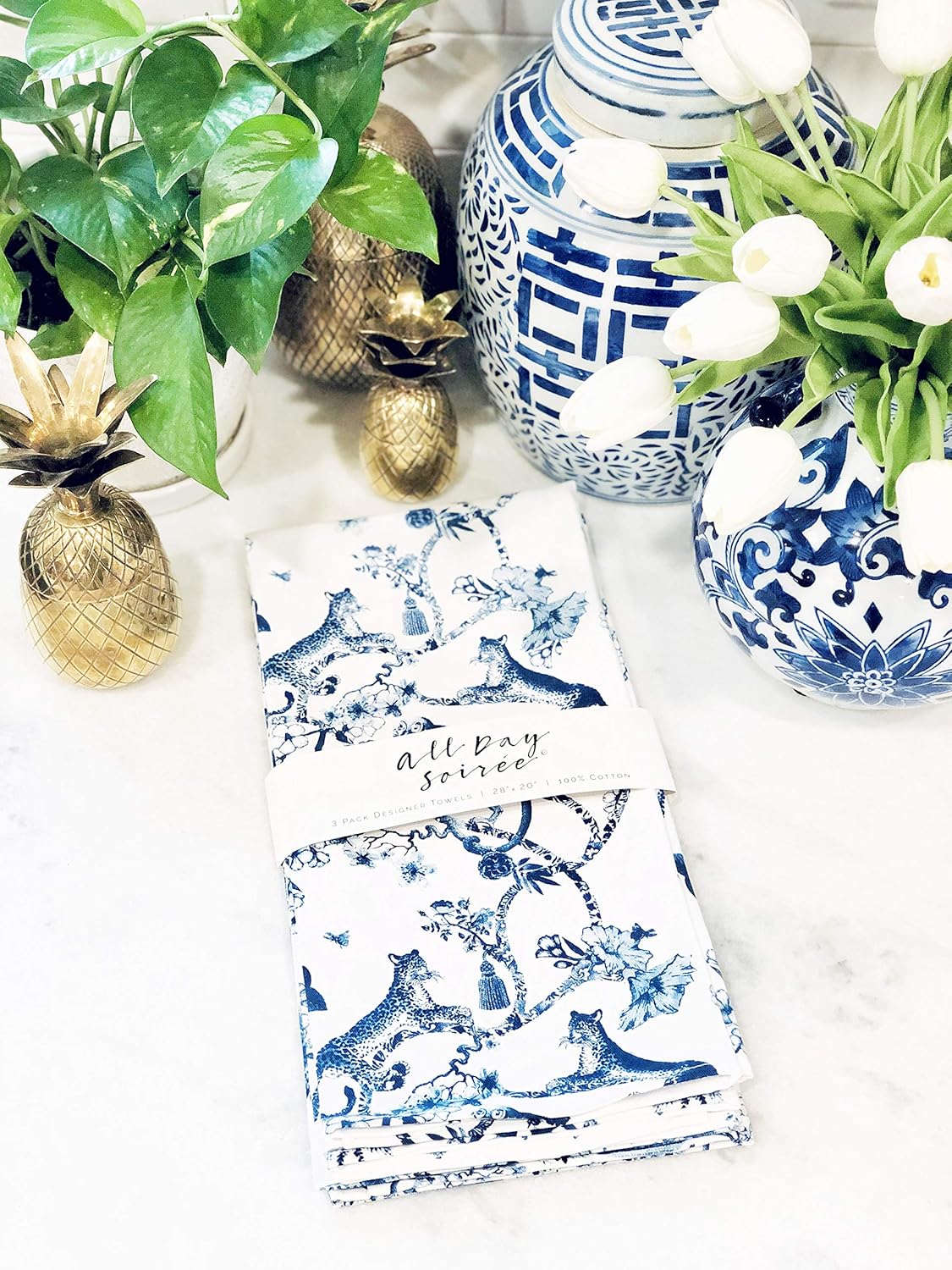 Buy Chinoiserie Designer Kitchen Tea Towels 3 Pack 100 Absorbent Cotton Tiger Monkey Floral Hand Towel Large Dish Cloth Set Blue White Online In Nigeria B08my2tjhd