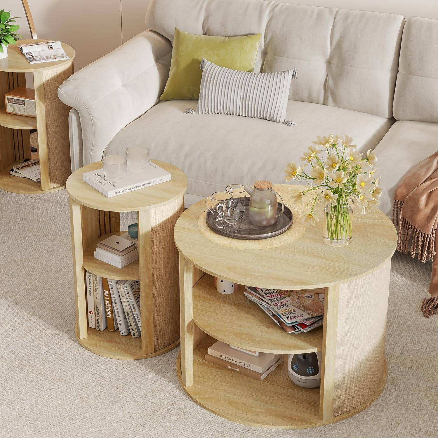 Wood Round Coffee Table Set of 3, 2-Tier Farmhouse Circle Center Coffee Table and End Table Sets with Adjustable Shelf, Sackcloth Finish, Boho, for Living Room, 27.5 Inches, Nature