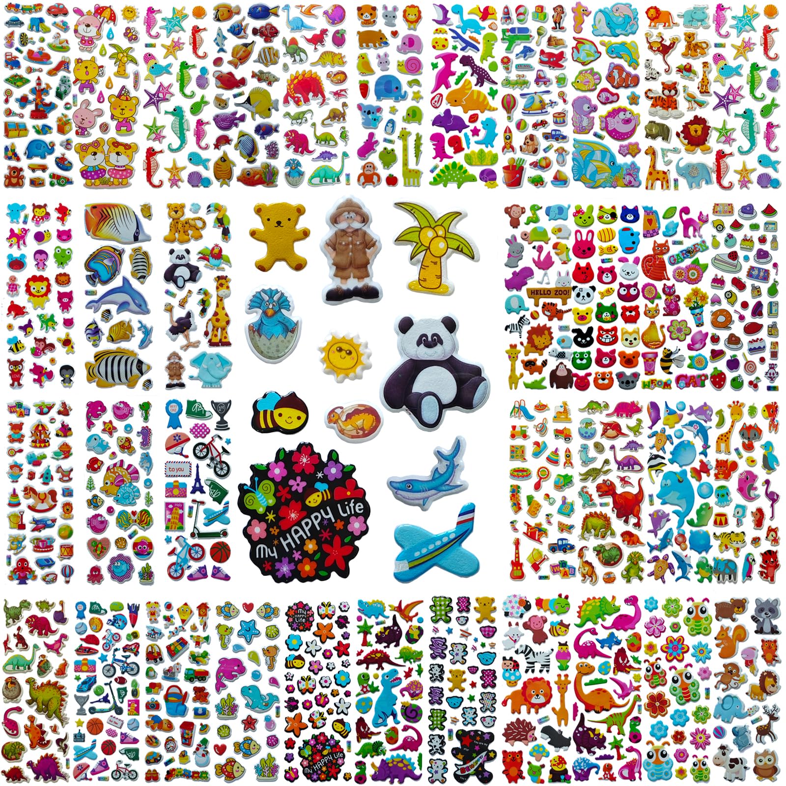 36 Sheets 3D Pegatinas para Niños Set, Cute Pegatinas Infantiles Incluye Animales Dinosaurios, Reutilizables 3D Puffy Stickers para Gratificantes Regalos Scrapbooking