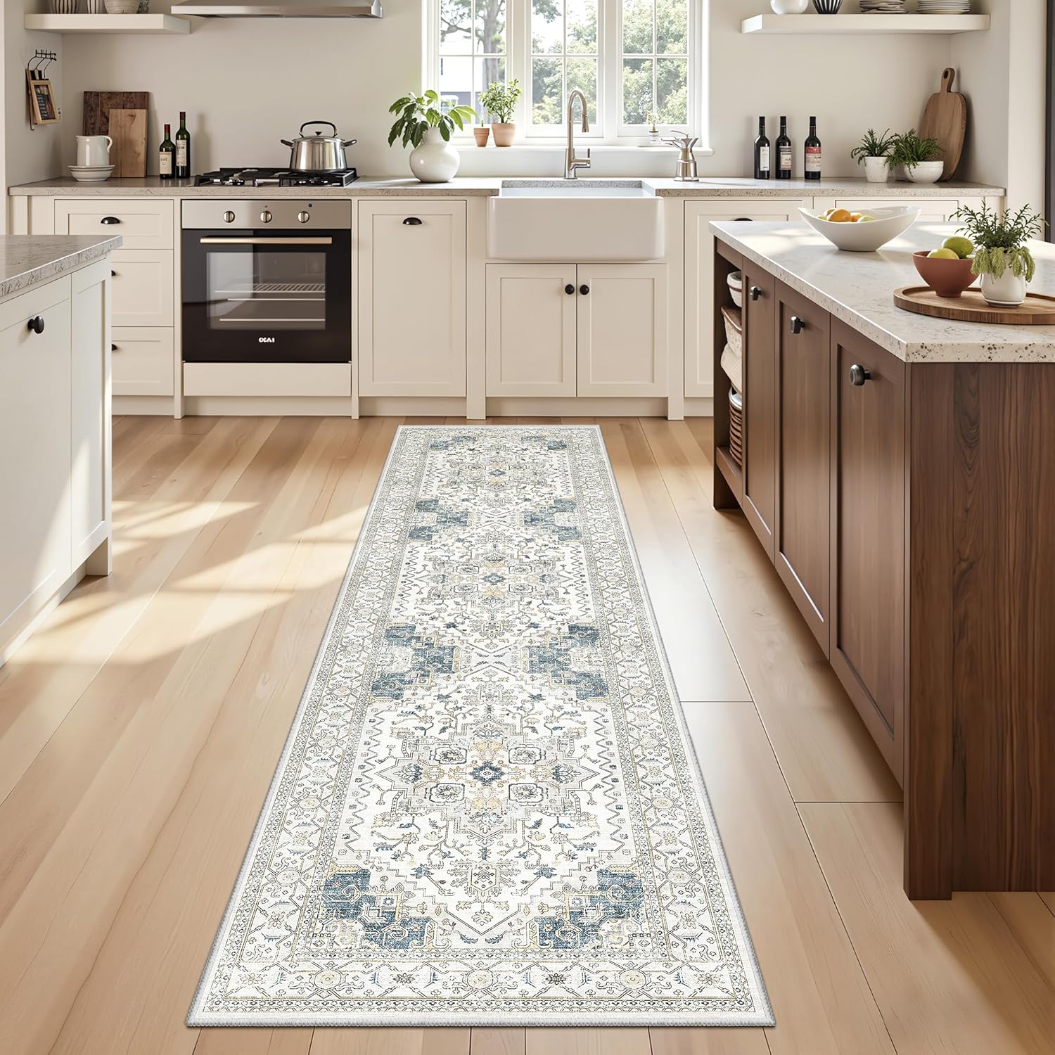Washable 2x8 Runner Rug Vintage Area Rugs for Hallway Water Resistant Kitchen Entryway Rug Ultra Soft Living Room Bedroom Carpet Indoor Low Pile Floor Mat for Bathroom Dining Room (2'x8',BeigeBlue)