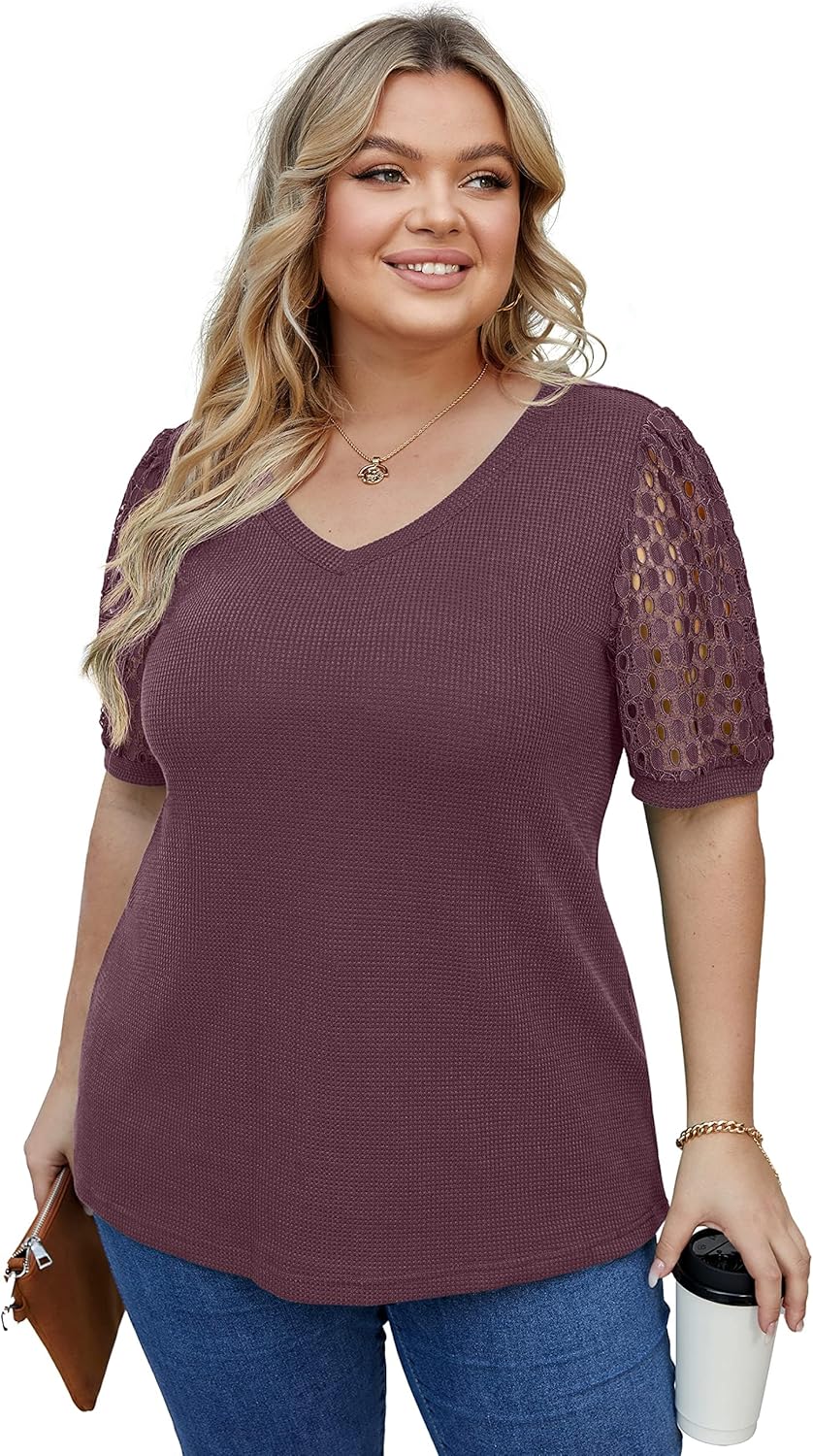 OLRIK Plus Size Tops for Women Summer Blouse Waffle Knit Short Lace Sleeve Shirts - Image 2