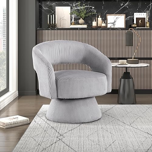 Lexicon 360 Degree Swivel Accent Chair, Modern Comfy Corduroy Round Barrel Chair, Open Back, Plush Foam Cushions, Metal Swivel Base for Living Room/Bedroom/Office, Gray