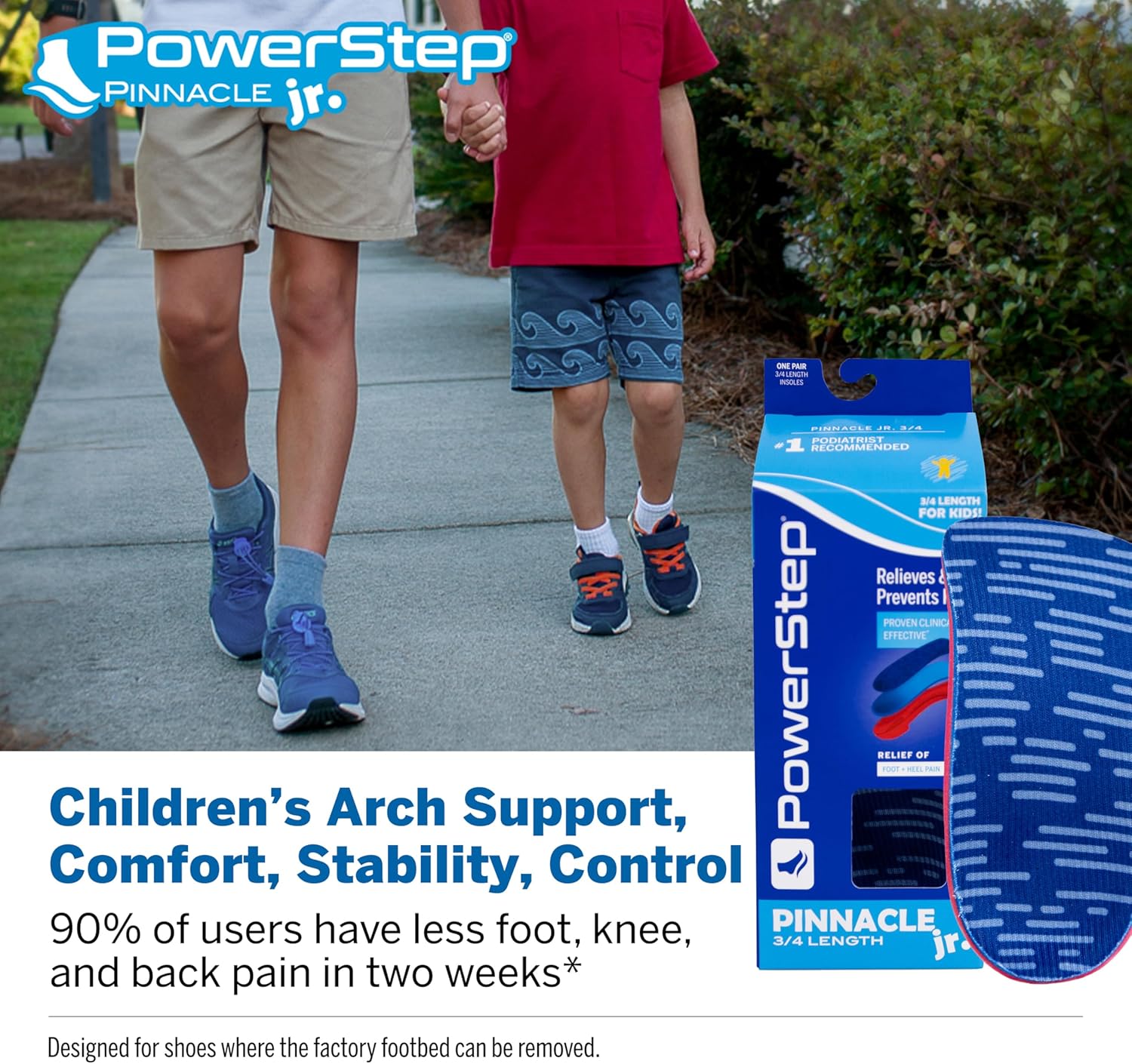 PowerStep Pinnacle Junior 3/4 Insoles, Children's Foot Pain Relief, Arch Support for Girls and Boys, Unisex, Supports Alignment, Posture & Balance in Kids, Made in The USA