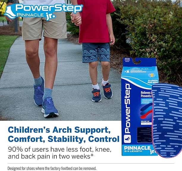 PowerStep Pinnacle Junior 3/4 Insoles, Children's Foot Pain Relief, Arch Support for Girls and Boys, Unisex