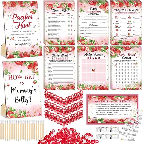Sherr 424 piezas de suministros para juegos de baby shower de fresa, 6 juegos de 300 tarjetas de actividades, 1 señal de búsqueda de chupete, 50