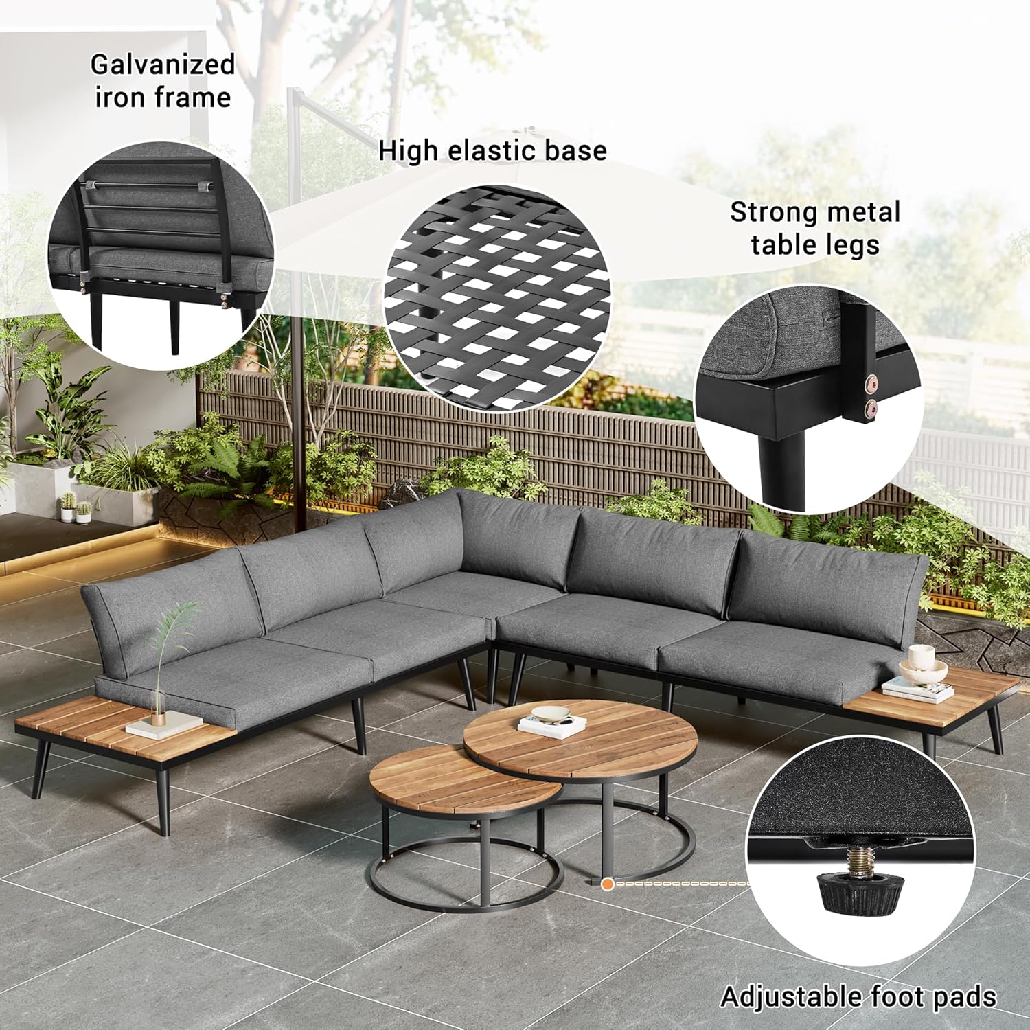 Merax Garden Furniture Set, Galvanized Iron Frame, Garden Table and Chairs for 5-6 Persons, 6 Piece Dining Table Set Indoor and Outdoor, Modern Sofa Set for Garden, Patio,... - Image 2