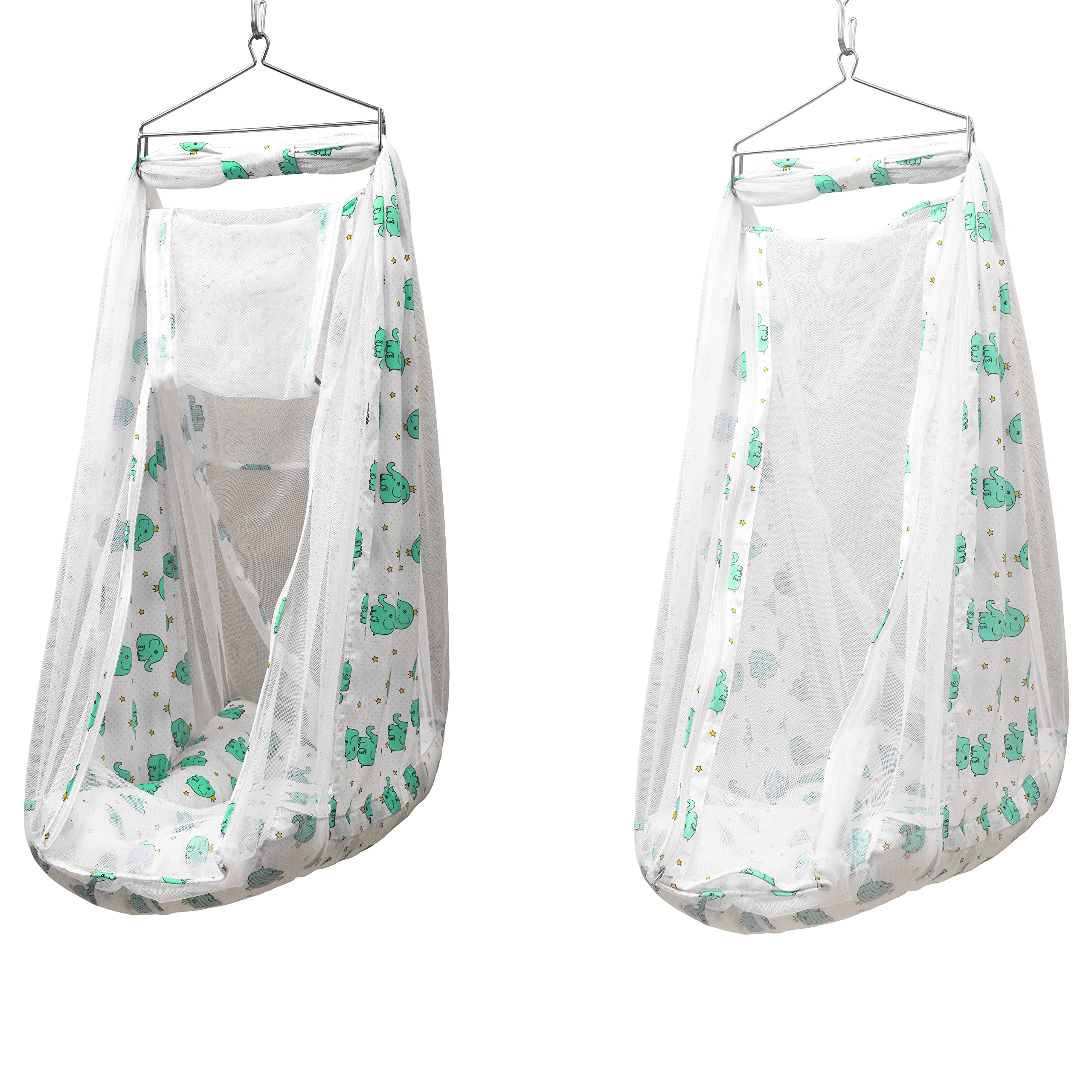 UNIBEE Poncee Baby Jhula | Hanging Cradle with Non Removable Mosquito Net & Metal Hanger | Better Airflow to Baby (Green)