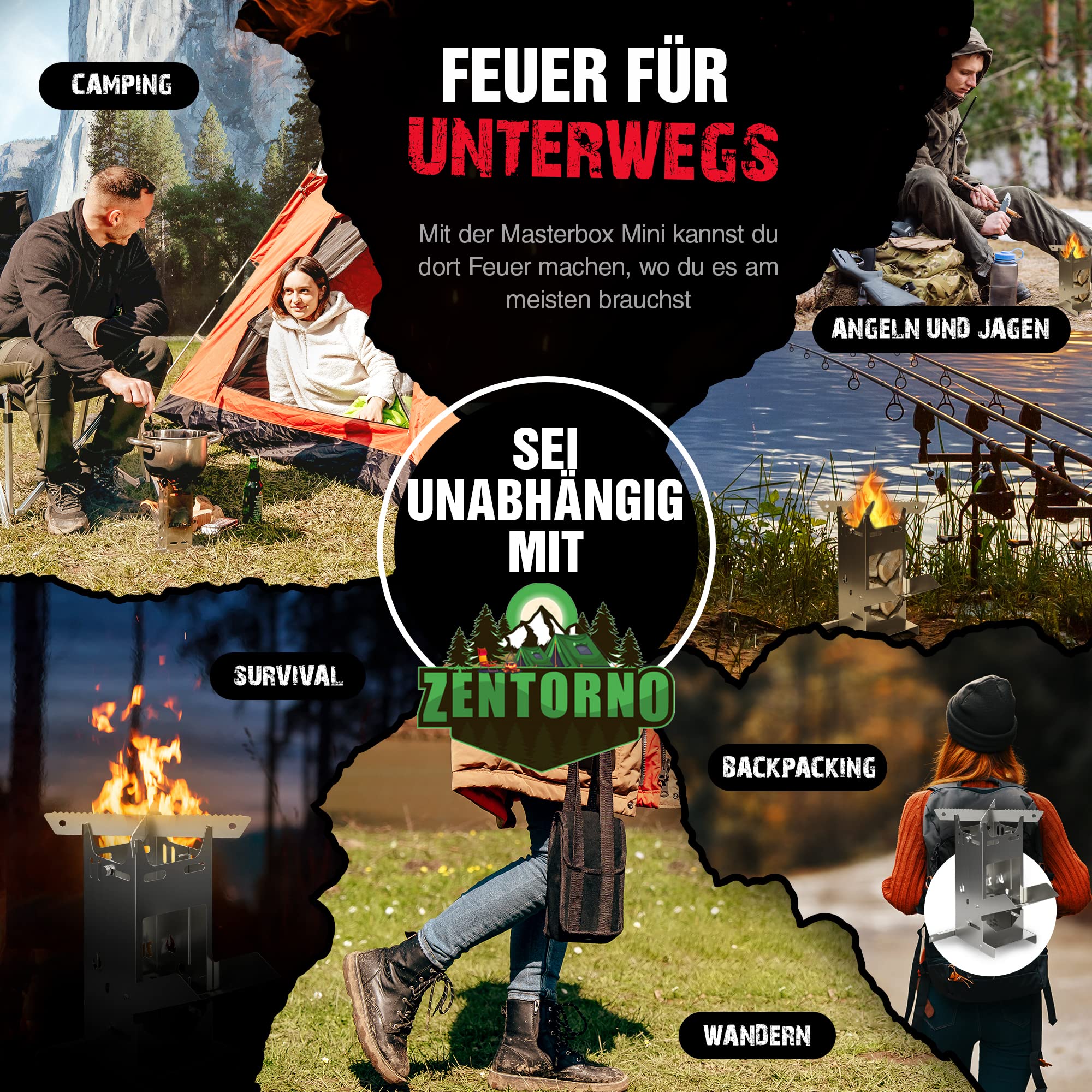 Zentorno® Rocket Stove 2023 - Estufa de leña para exteriores de acero inoxidable (inoxidable, para sartenes y ollas de hasta 17,5 cm de diámetro)