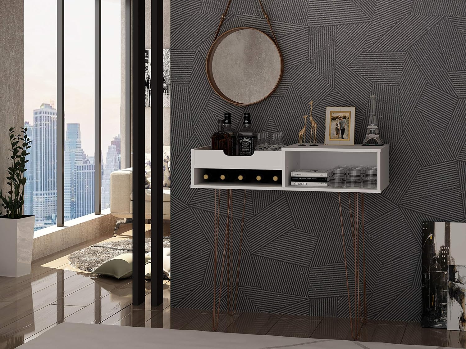 Manhattan Comfort Rockefeller 39.37 Entryway Console with 3 Compartments and Metal Legs in White