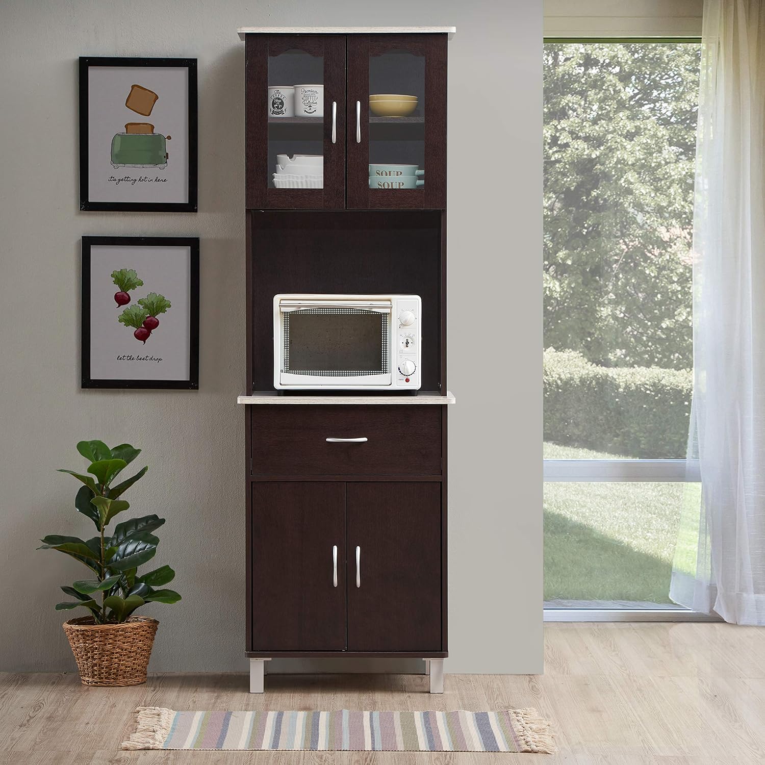 Hodedah Top and Bottom Enclosed Kitchen Cabinet, Chocolate-Grey