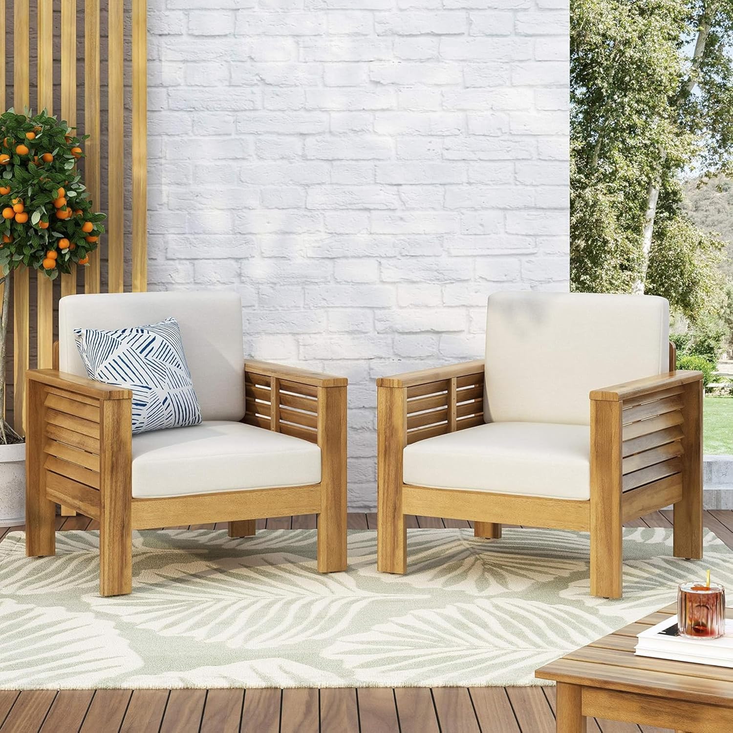 Merax 2 Pcs Outdoor Acacia Wood Club Chairs Patio Conversation Set with Cushions for Backyard