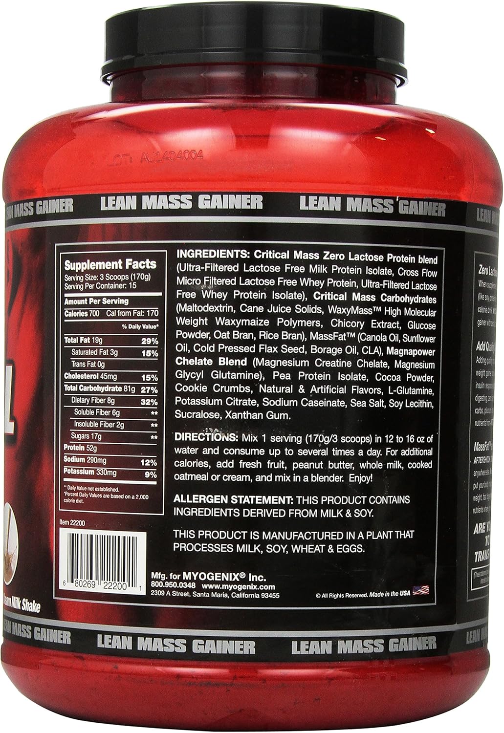 Myogenix Aftershock Crit Mass, Cookies & Cream, 5.62L, 6.4 : Health & Household