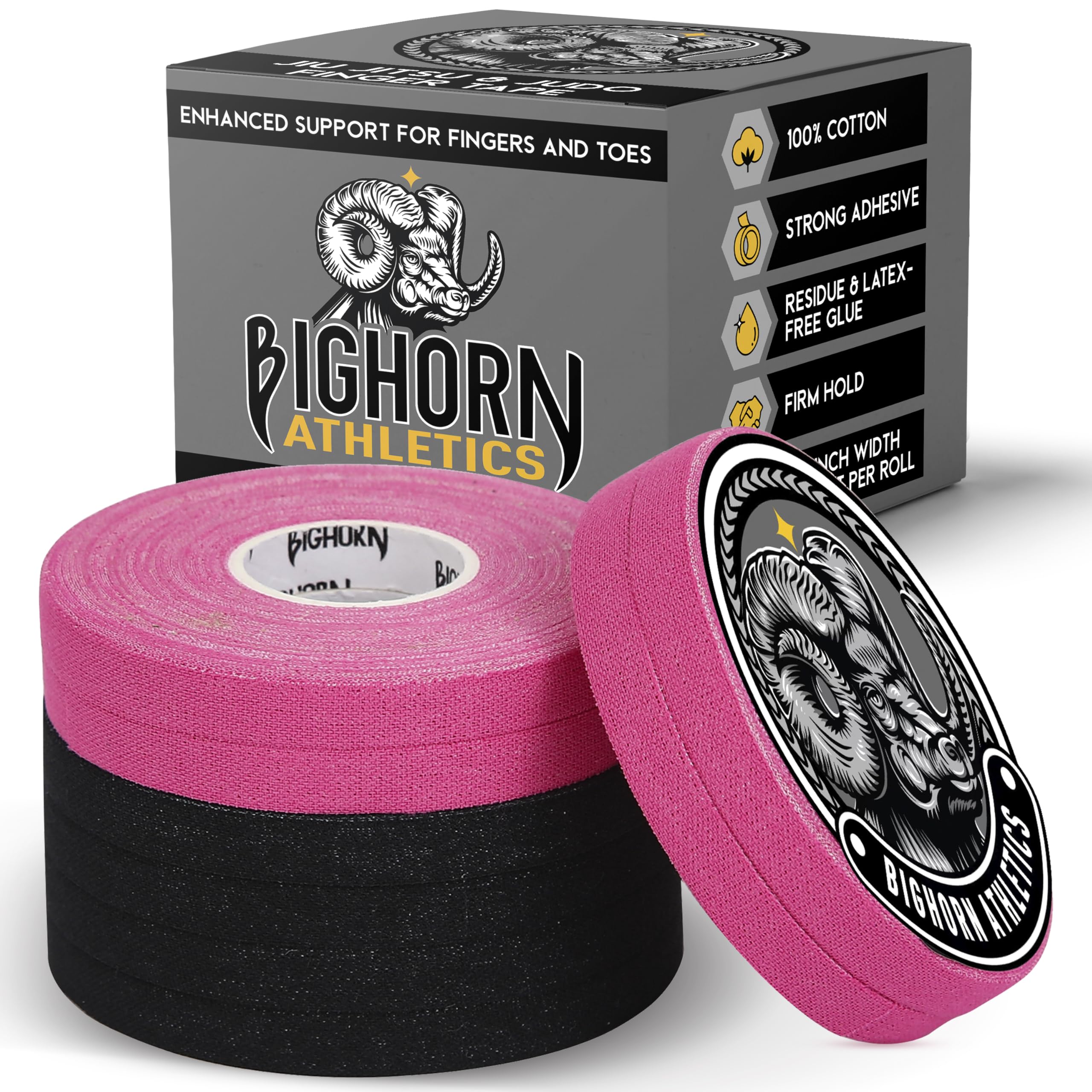Bighorn Athletics Jiu Jitsu Finger Tape, 0.3-Inch x 45-feet, 8-Rolls | Residue-Free, Zinc Oxide Adhesive | Athletic Sports Tape for BJJ, Wrestling,