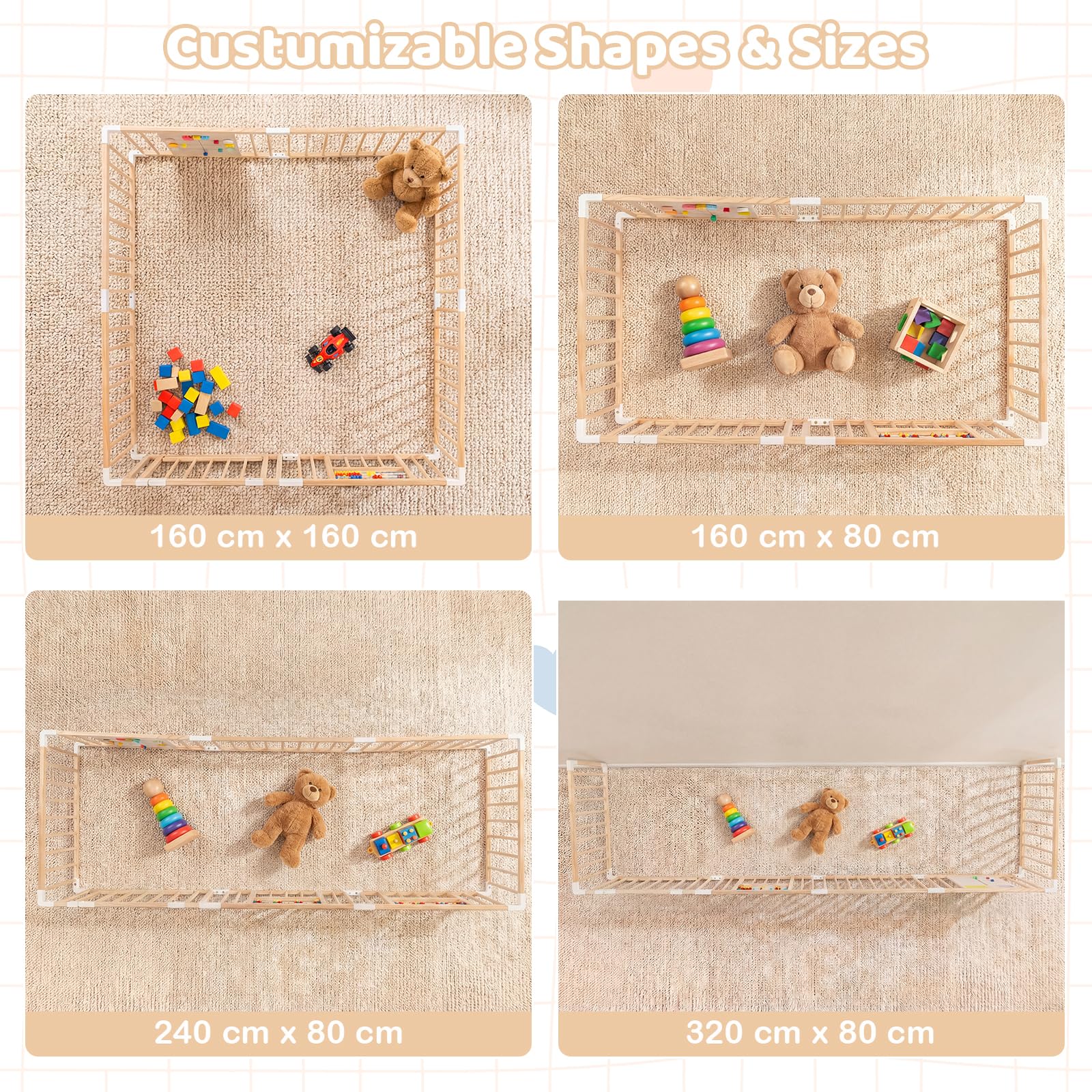 FANTASK Box per bambini in legno di pino, box pieghevole con 8 pannelli, porta, chiusura di sicurezza e tavola Montessori, griglia per gattonare espandibile per neonati e bambini, 160 x 160 cm