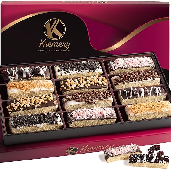 KREMERY Creamy Chocolate Cravings - Fathers Day Treats, Gift For Dad, Chocolate Covered Biscotti Cookies Gift Basket with Candied Toppings (12 Biscotties) Sweet Treats in Elegant Box, Kosher