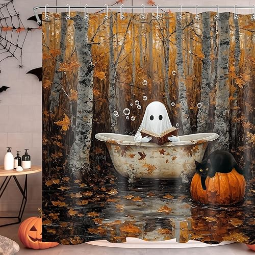 Miniatura 2 de LB Cortina de ducha de otoño para baño, divertido gato negro con fantasma en la bañera en el bosque de otoño, cortina de ducha de tela de cosecha de