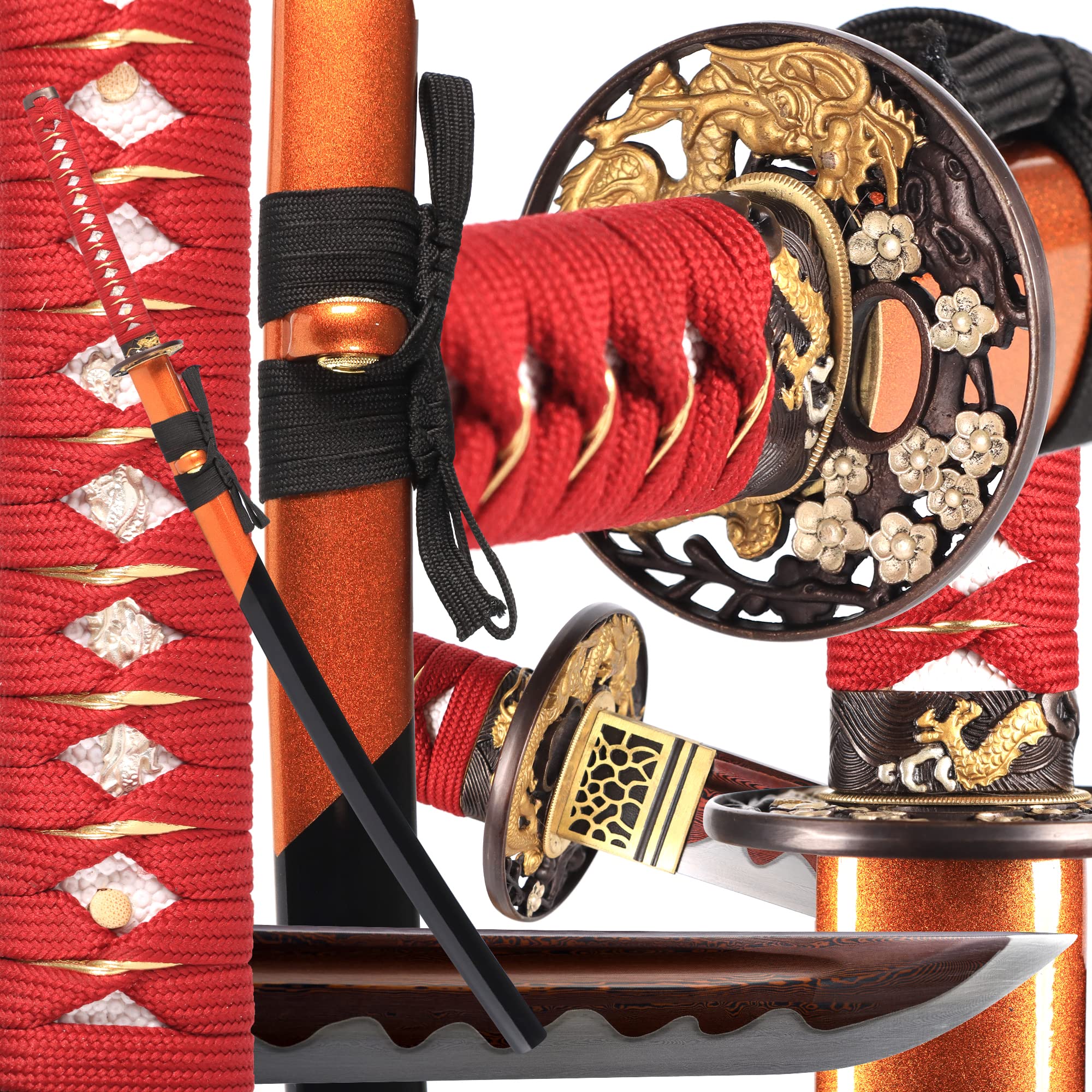 entez Damascus Stee Katana Sword Real - Full Tang, High Hardness, Authentic, and Sharp Samurai Sword - 40.5in