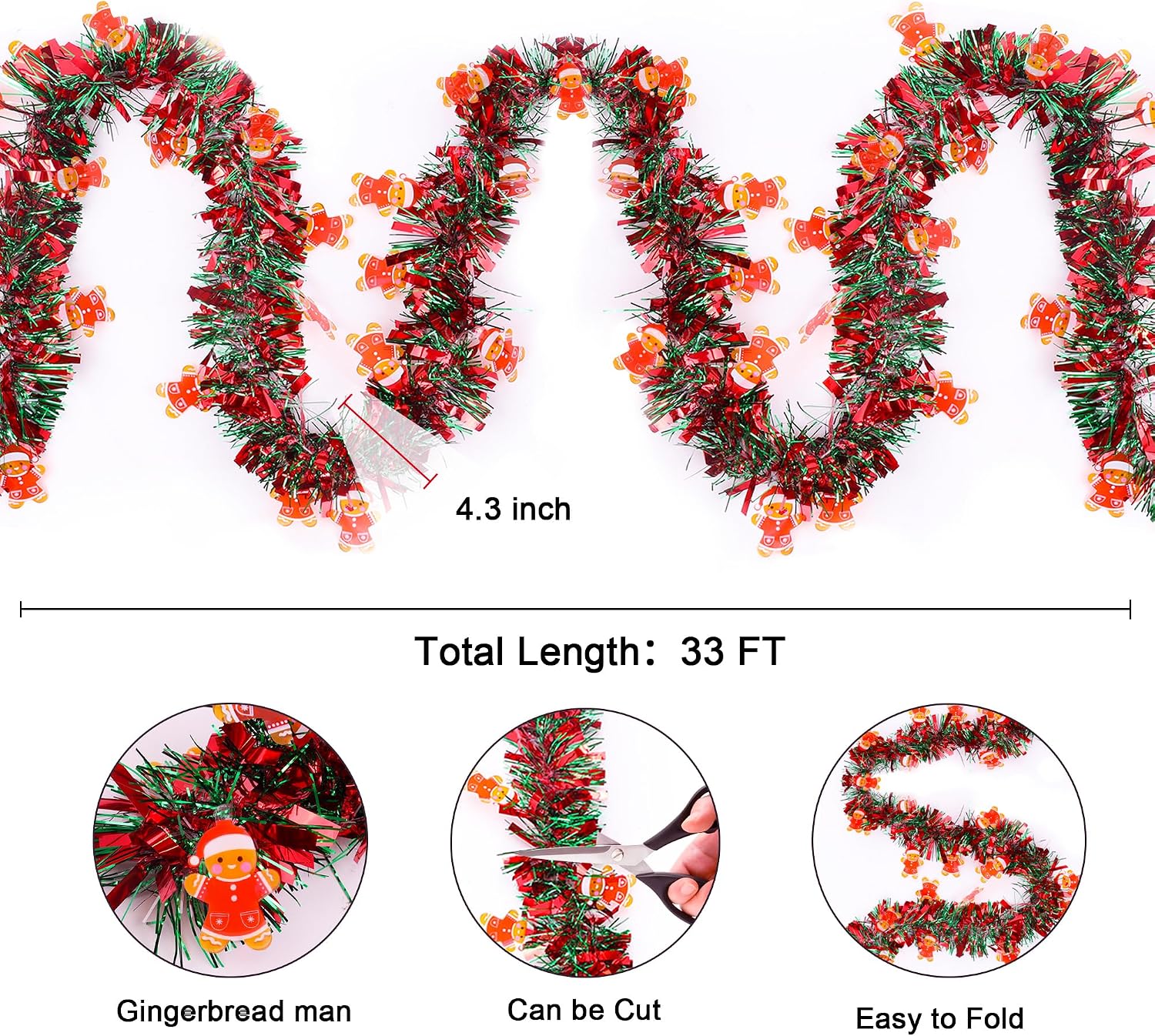 Christmas Garland Decorations 33 FT Red Green Christmas Tinsel Garland with Gingerbread Man Ornaments, Metallic Christmas Tree Garland Indoor Outdoor for Home Mantle Fireplace Xmas Holiday Party Decor