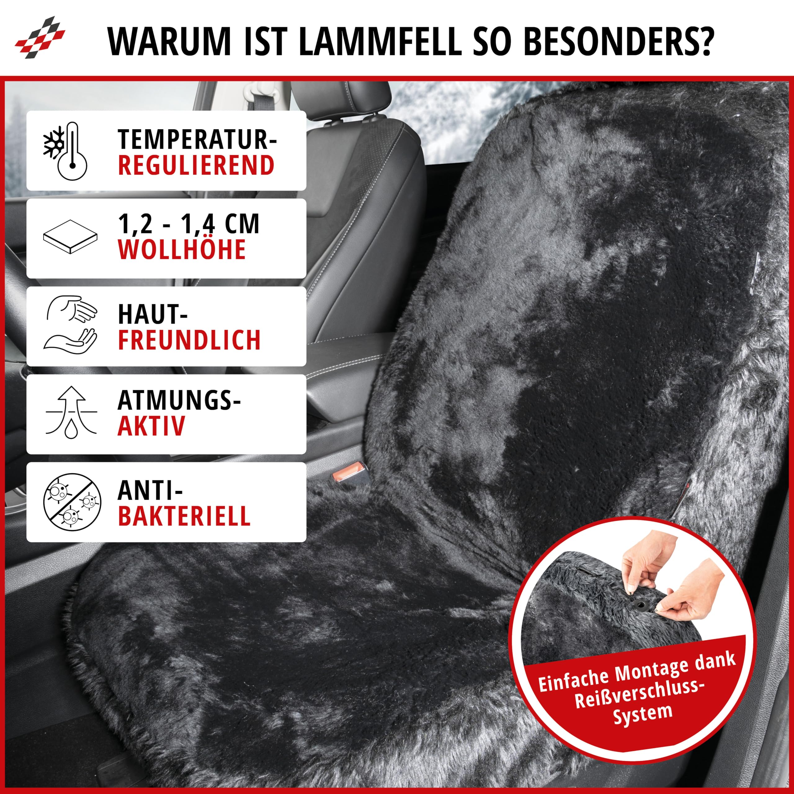 Walser Lammfell Autositzbezug Mona, 100% Lammfell Sitzbezug für Auto, 1 Stück Echtfell Sitzbezüge Auto Vordersitze, Autositzbezug Echtfell, Lammfellbezug Autositz schwarz