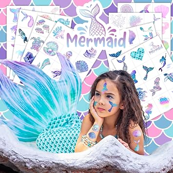 96PCS Mermaid Pre-Cut Temporary Tattoos for Kids, Cute Under the Sea Party