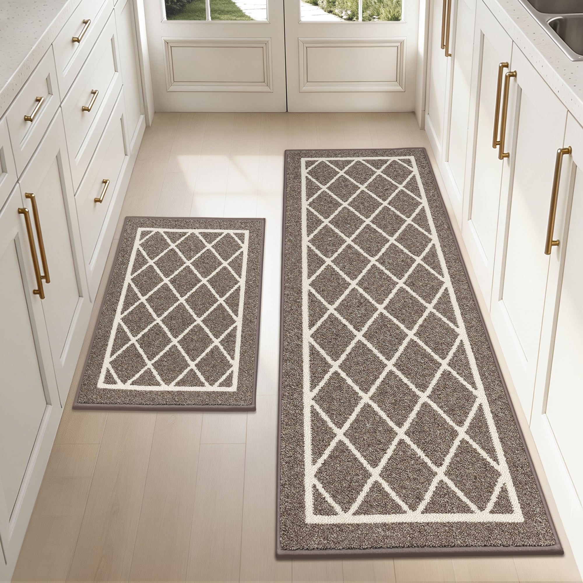 BEQHAUSE-Kitchen-Rugs-Non-Slip-Kitchen-Mats-for-Floor Machine Washable Kitchen Mats 2 Pieces Brown Kitchen Runner Carpet with TPR Backing, Rolled Packaging, 60X89cm+60X152cm