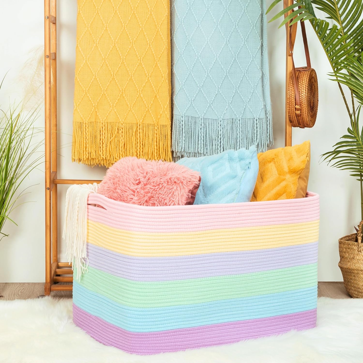 MINTWOOD Design 112L Extra Large Blanket Basket Holder Living Room, 25"x17"x16" Rectangle Rope Woven Storage Basket with Handles for Laundry, Towels, Shoes, Dog Toy Organizer Bin Box, Pastel Rainbow