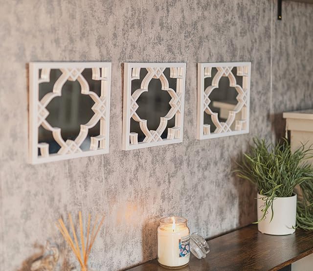 Marco Paul Set Of 3 Art Deco Style Mirrors Square White Hanging Mirror Set Decorative Wall Art Wall Mounted Floating 3 Piece Mirrors Hallway Livingroom Indoor Home Bedroom Bathroom Wall Display