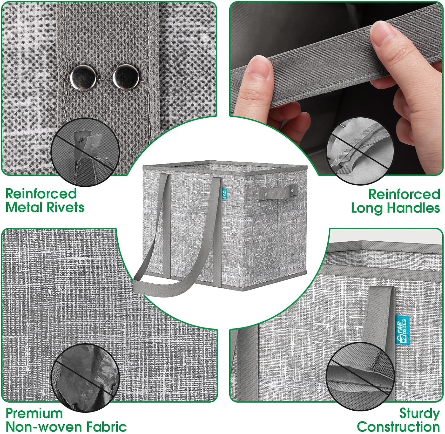 Fab totes Reusable Grocery Bags, Large Foldable Shopping Tote Bags with Reinforced Handles & Hard Bottom,Water Resistant Grocery Bags for kitchen,Picnic,2 Pack, Grey - Image 2