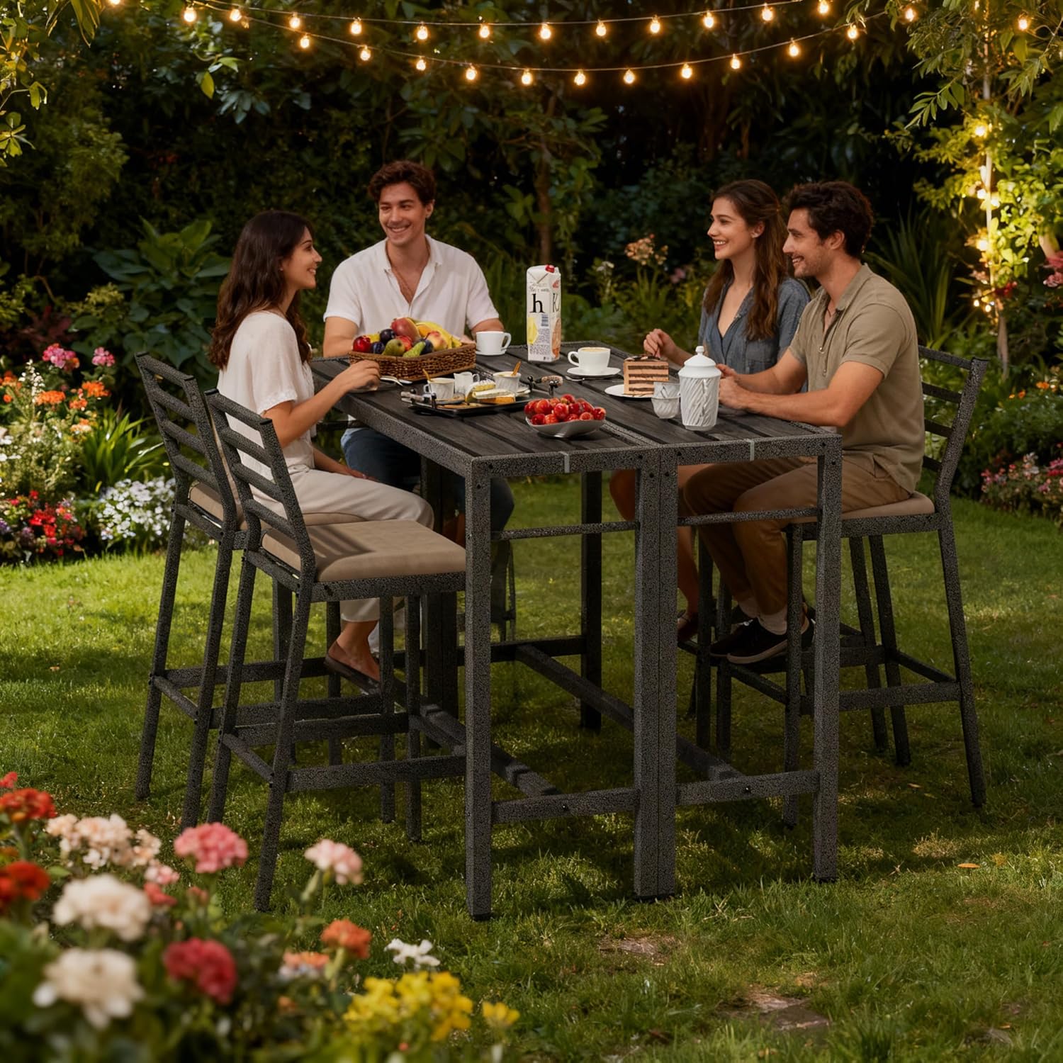 3Pcs Outdoor Patio Bar Set, 55" Rectangular High Top Table and Chairs Set with 2 Cushioned Bar Stools & Cover,Metal Pub Height Bistro Table Set for Balcony, Backyard, Porch, Deck,Garden, Pool