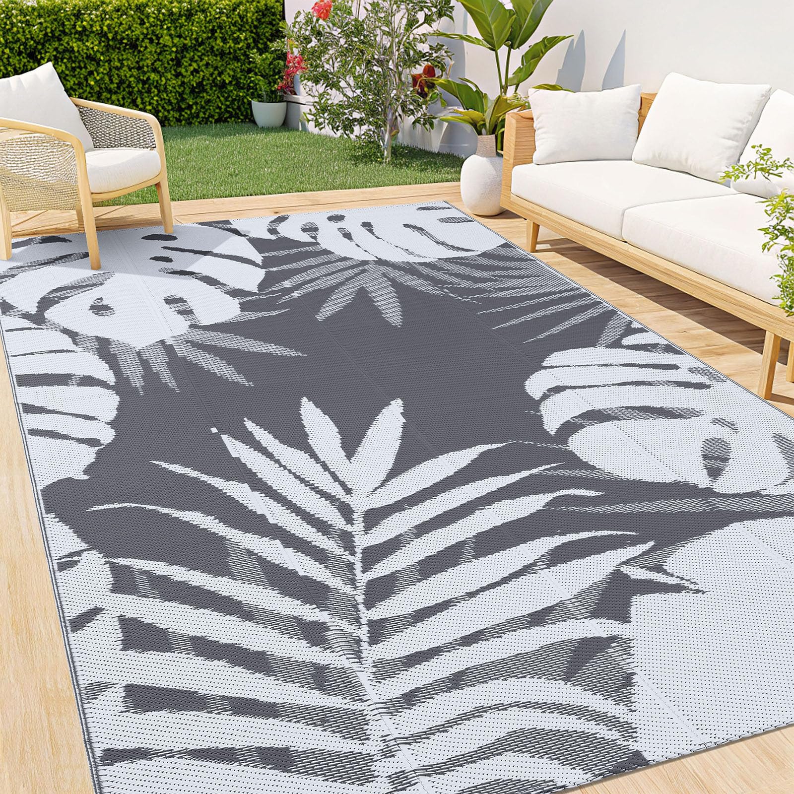 Homaxy Outdoor Teppich Wetterfest, 150x240cm, Weiß & Grau | Kunststoff Stroh Faltbar Waschbar UV-beständig Wendbar Balkon Garten Teppich für Terrasse Picknick Camping