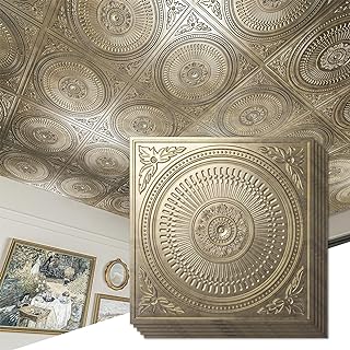 Art3d 12-Pack Drop Ceiling Tiles 2x2 FT, Decorative Easy Install PVC Ceiling Panels for Interior Kitchen Bathroom Basement, 24x24 Inch, Antique Gold