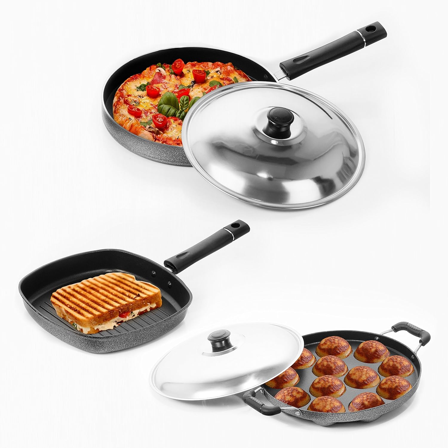 Sumeet Nonstick Joyous Combo Set (Grill Pan – 22 Cm + Grill Appam Patra 12 Pcs + Pizza Pan)