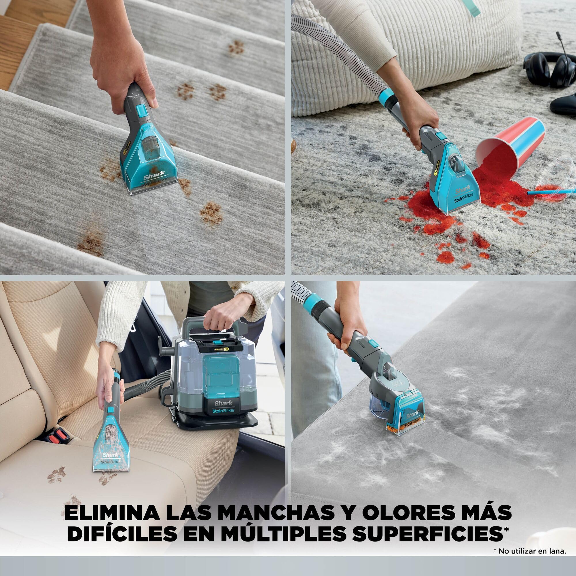 Shark StainStriker HairPro Pet Limpiador Portátil para Manchas y Pelo de Mascota - Succión de 450 W y Herramienta Extractora de Pelo - Incluye 4 Accesorios y 2 Soluciones de Limpieza - Gris, PX250EUCP