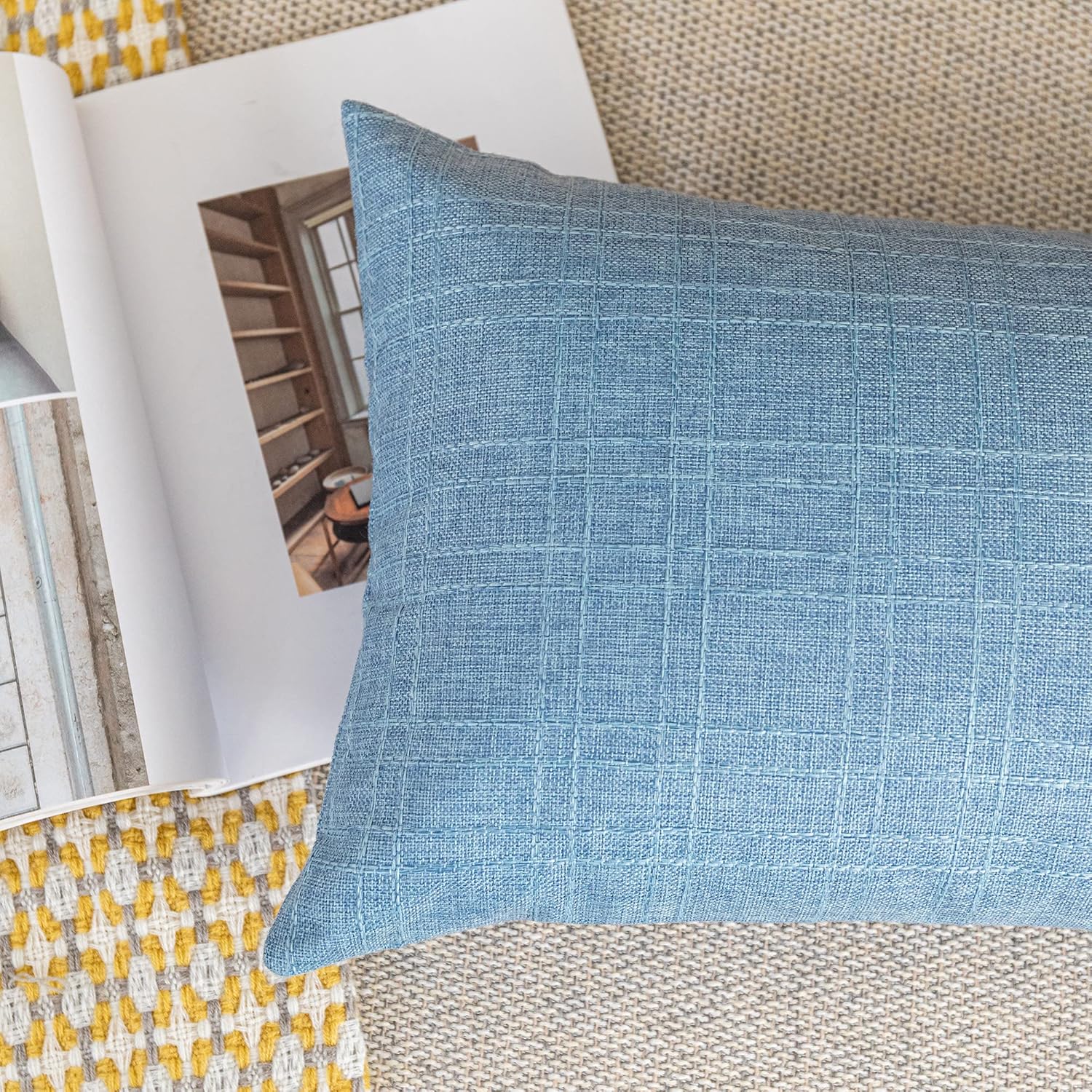 Kevin Textile Pack of 2 Outdoor Waterproof Throw Pillow Covers Decorative Square Outdoor Checkered Pillows Cushion Case Patio Pillows for Couch 12x20 inches 30x50 cm Light Blue - Image 4