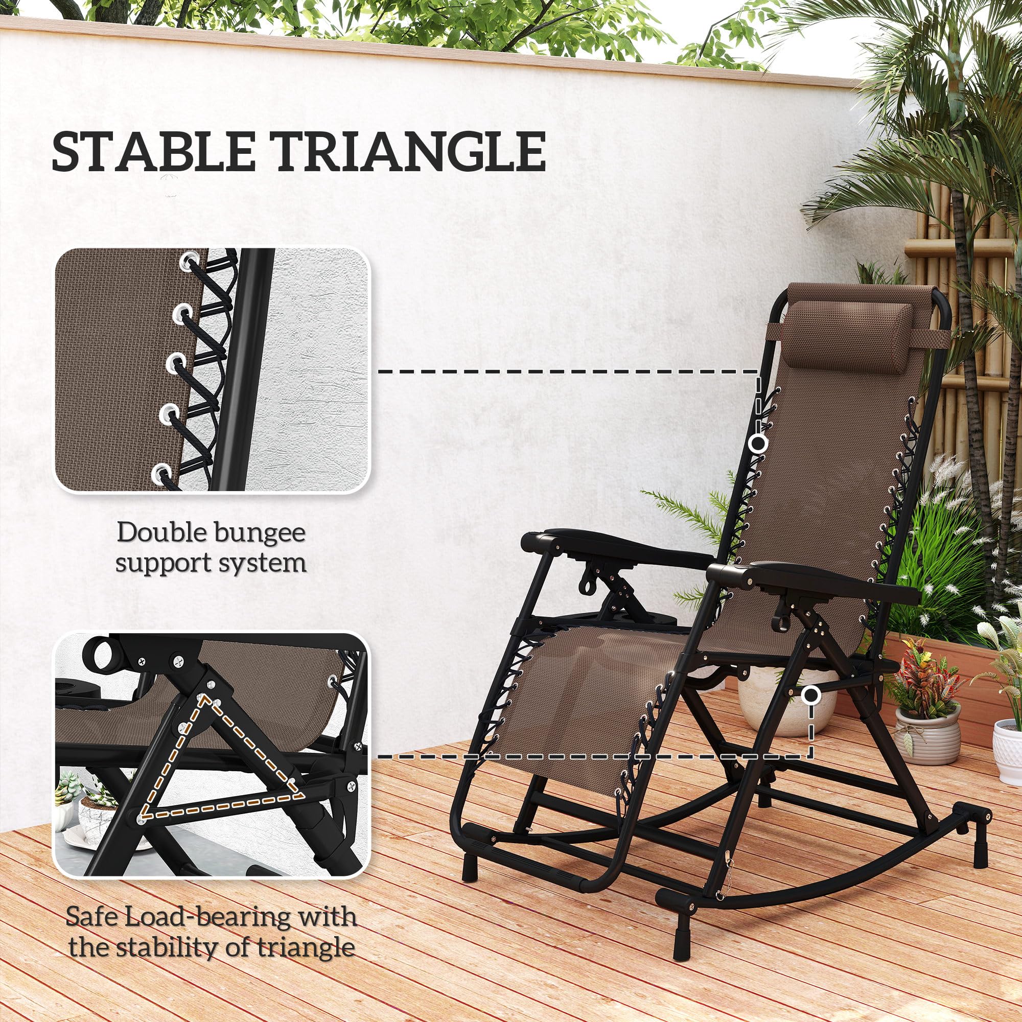 Mecedoras para exteriores, plegables, reclinables, de gravedad cero, con almohada, portavasos y soporte para teléfono, diseño combinado con patas plegables, color marrón 5