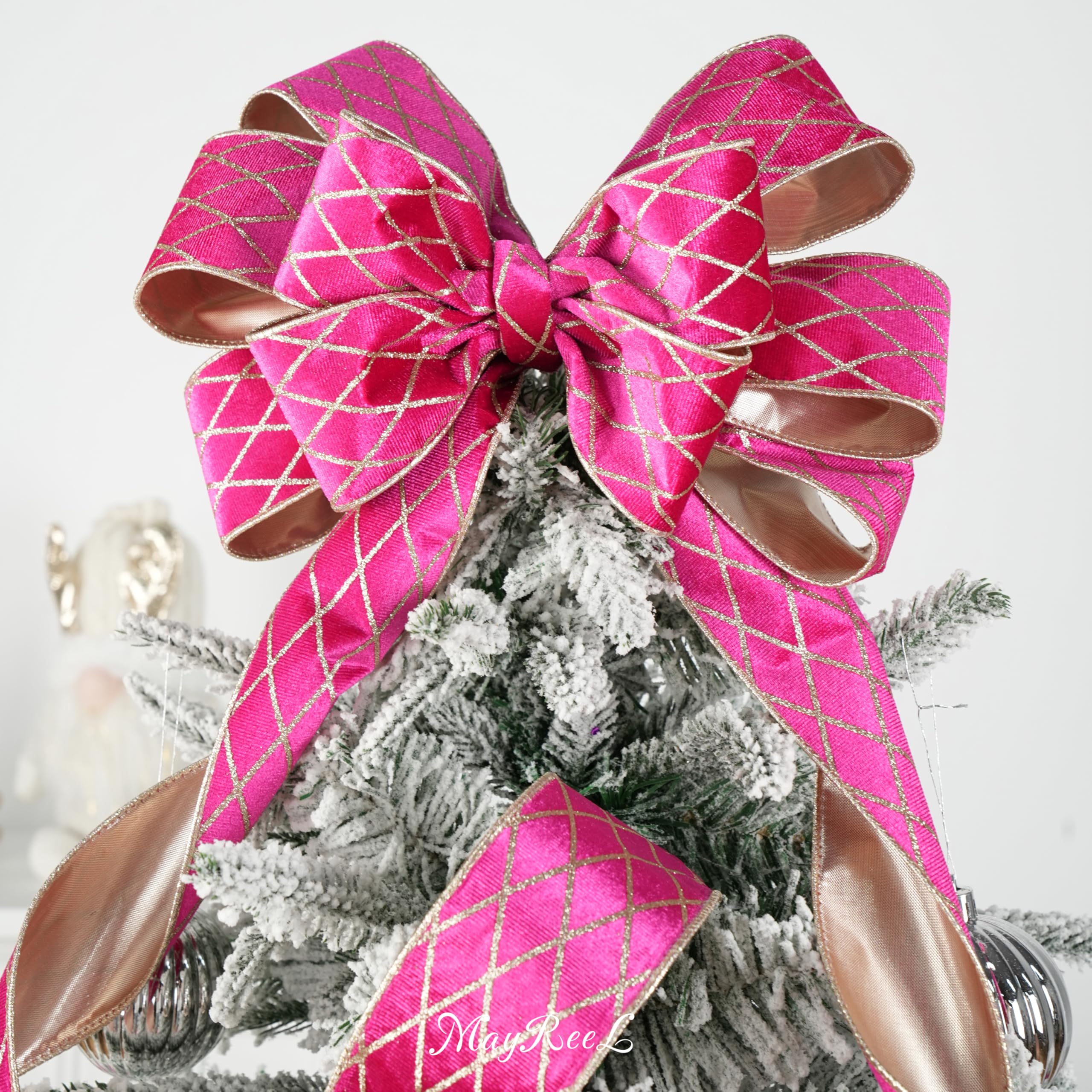 JarThenaAMCS Hot Pink Velvet Christmas Ribbon - 2.5 Inch X 20 Yards, Double-Sided Glitter Wired Edge For Gift Wrapping & Holiday Decor