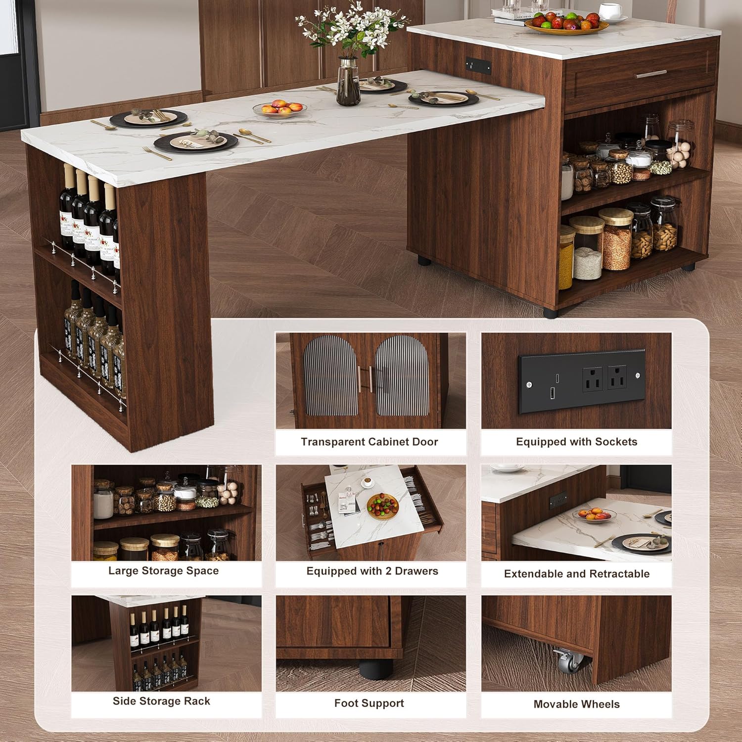 80" Expandable Kitchen Island with Storage, Kitchen Island White with Dining Table & Power Outlet, Mobile Storage Cart with Cabinet & 2 Drawers for Dining Room (Walnut)