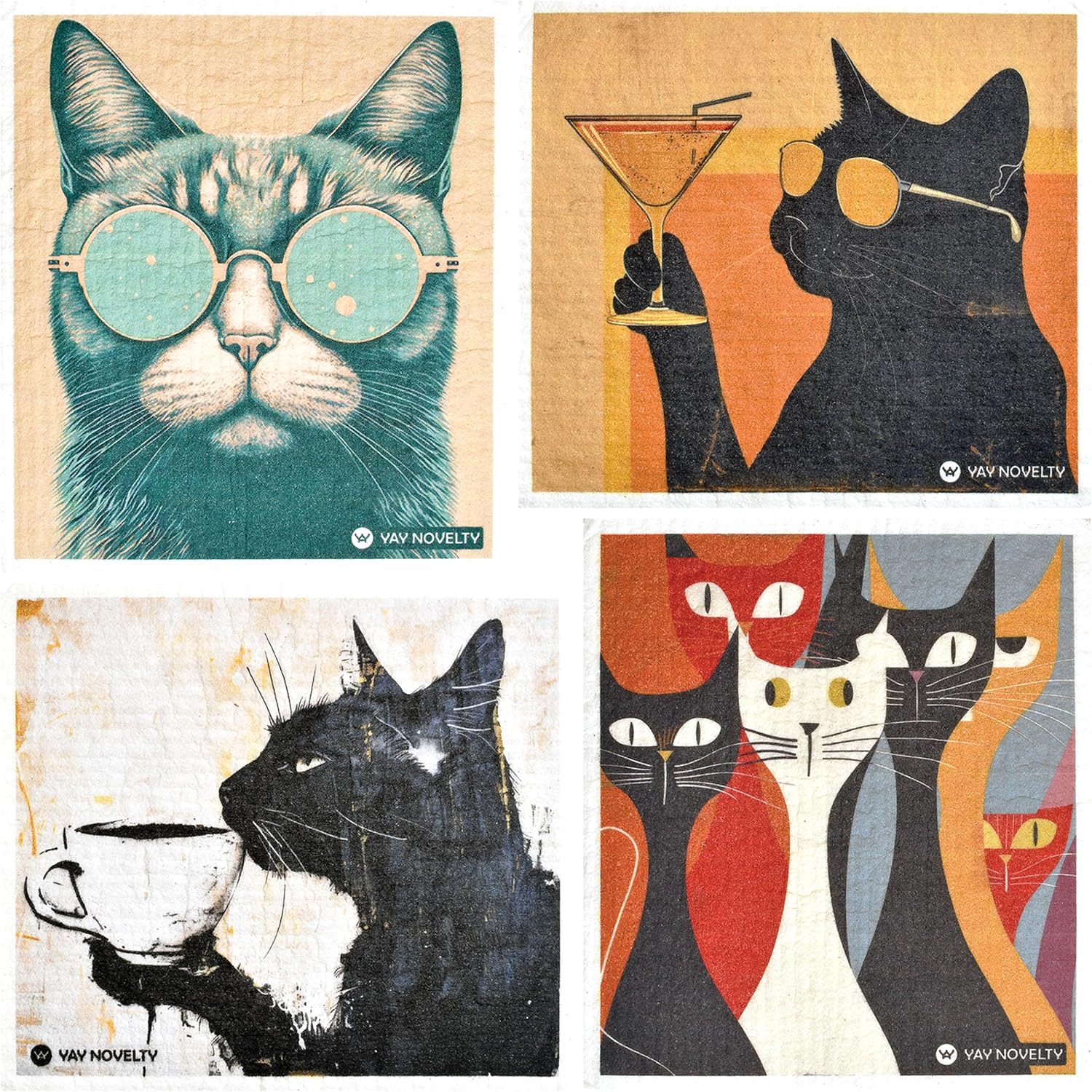 Swedish Dishcloths - 12 Pack | Made in Germany | Ultra-Absorbent, Reusable Cellulose Sponge Cloths for Kitchen | No-Odor, Eco-Friendly Cleaning Wipes | Water-Based Ink | Cool Cat