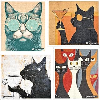 12 Pack German Swedish DishCloths, Paper Towels Alternative - Washable, Eco-Friendly Cellulose Sponge Dish Cloths, Reusable Cleaning Cloths - Kitchen Essentials - Cool Cat